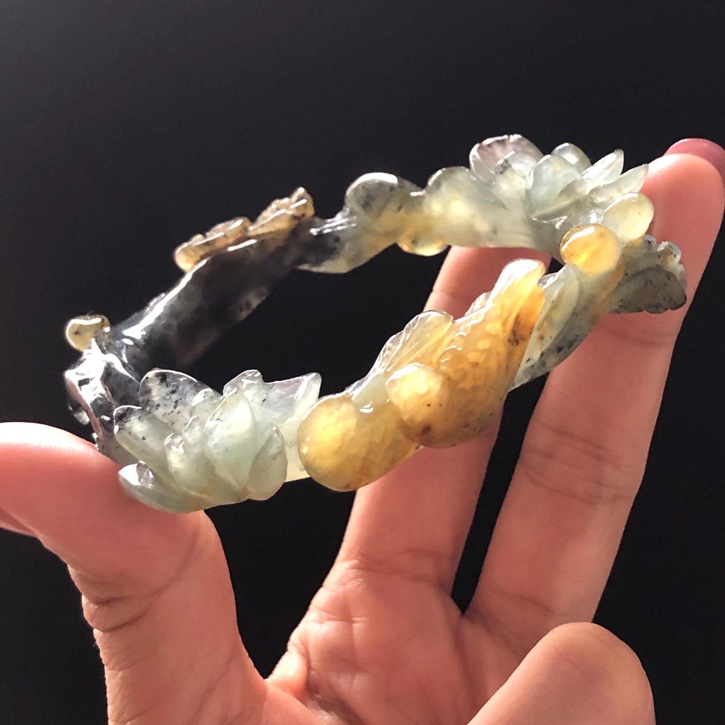 57.8mm Xiu Jade Serpentine Hand Carved Birds & Peony Flower Bangle: Natural Yellow Green Jade Handcrafted Bracelet, Stone Carving Jewelry