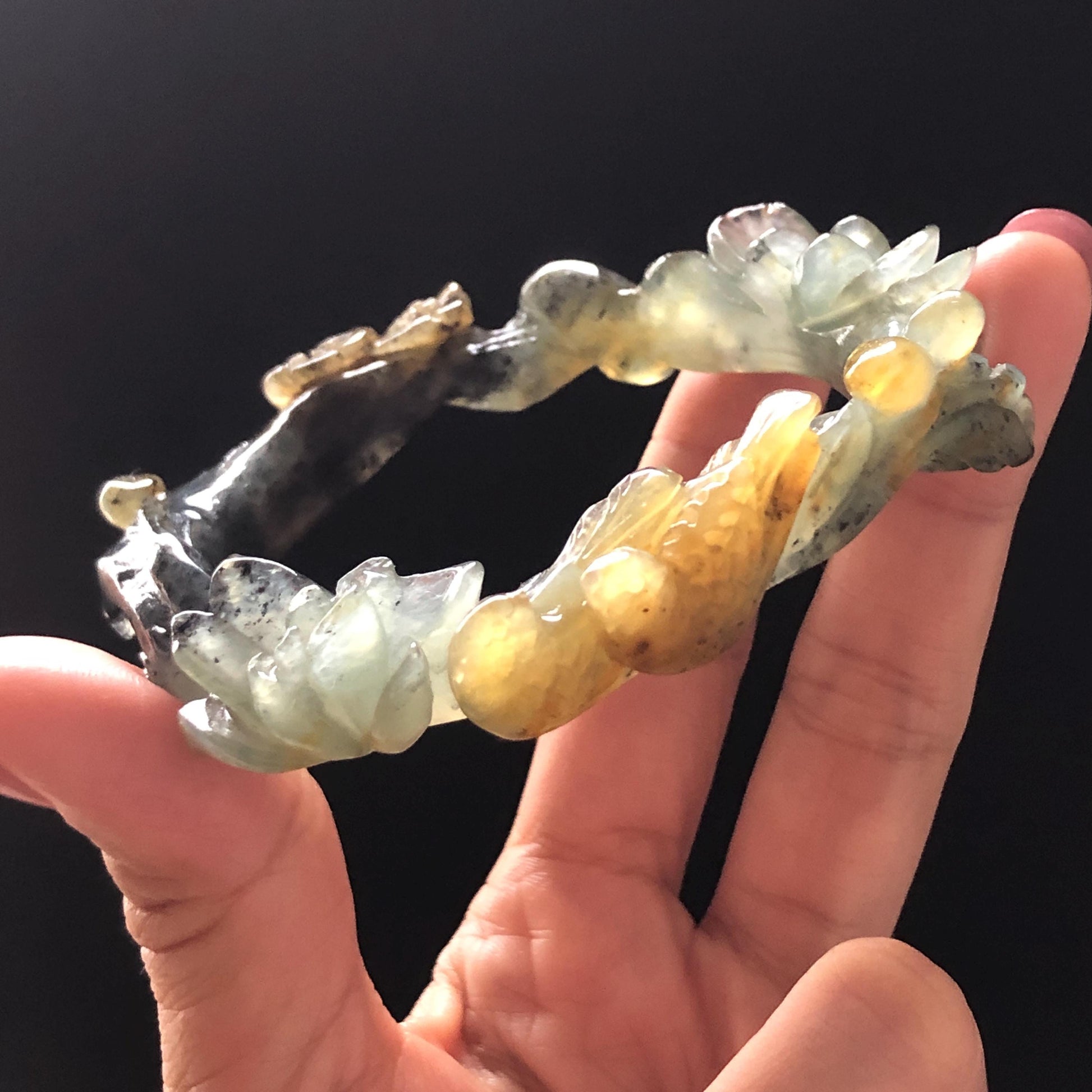 57.8mm Xiu Jade Serpentine Hand Carved Birds & Peony Flower Bangle: Natural Yellow Green Jade Handcrafted Bracelet, Stone Carving Jewelry