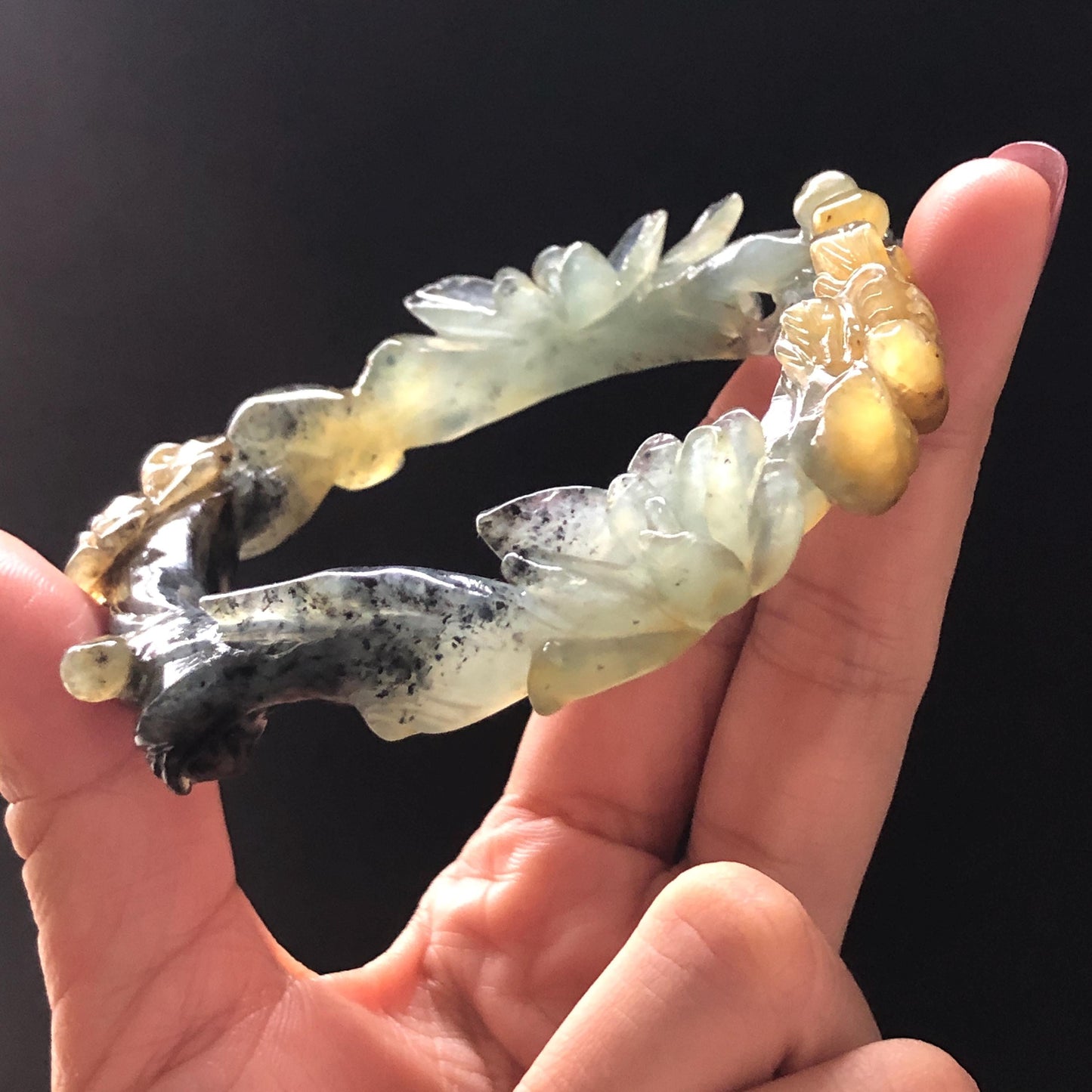 57.8mm Xiu Jade Serpentine Hand Carved Birds & Peony Flower Bangle: Natural Yellow Green Jade Handcrafted Bracelet, Stone Carving Jewelry