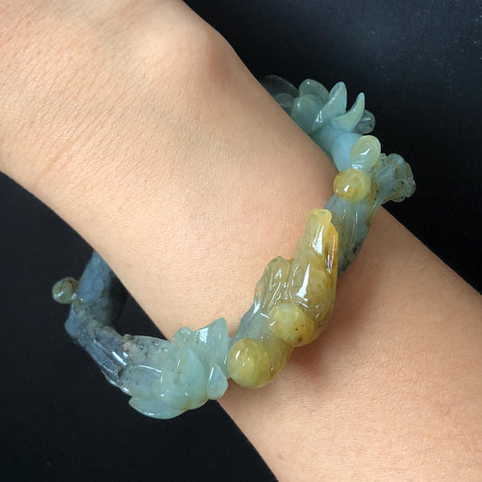 57.8mm Xiu Jade Serpentine Hand Carved Birds & Peony Flower Bangle: Natural Yellow Green Jade Handcrafted Bracelet, Stone Carving Jewelry