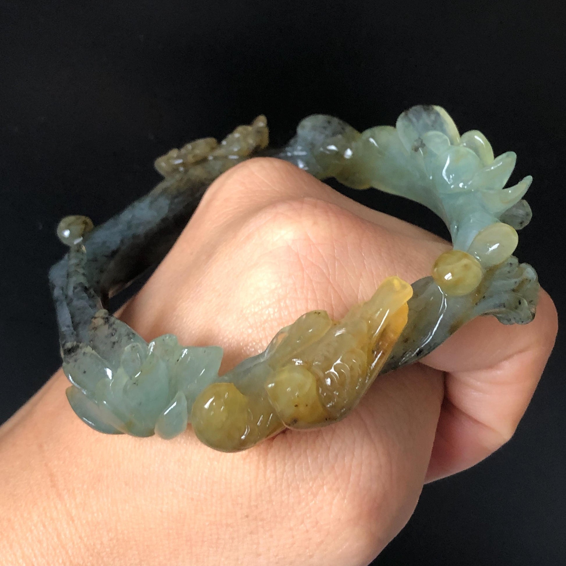 57.8mm Xiu Jade Serpentine Hand Carved Birds & Peony Flower Bangle: Natural Yellow Green Jade Handcrafted Bracelet, Stone Carving Jewelry