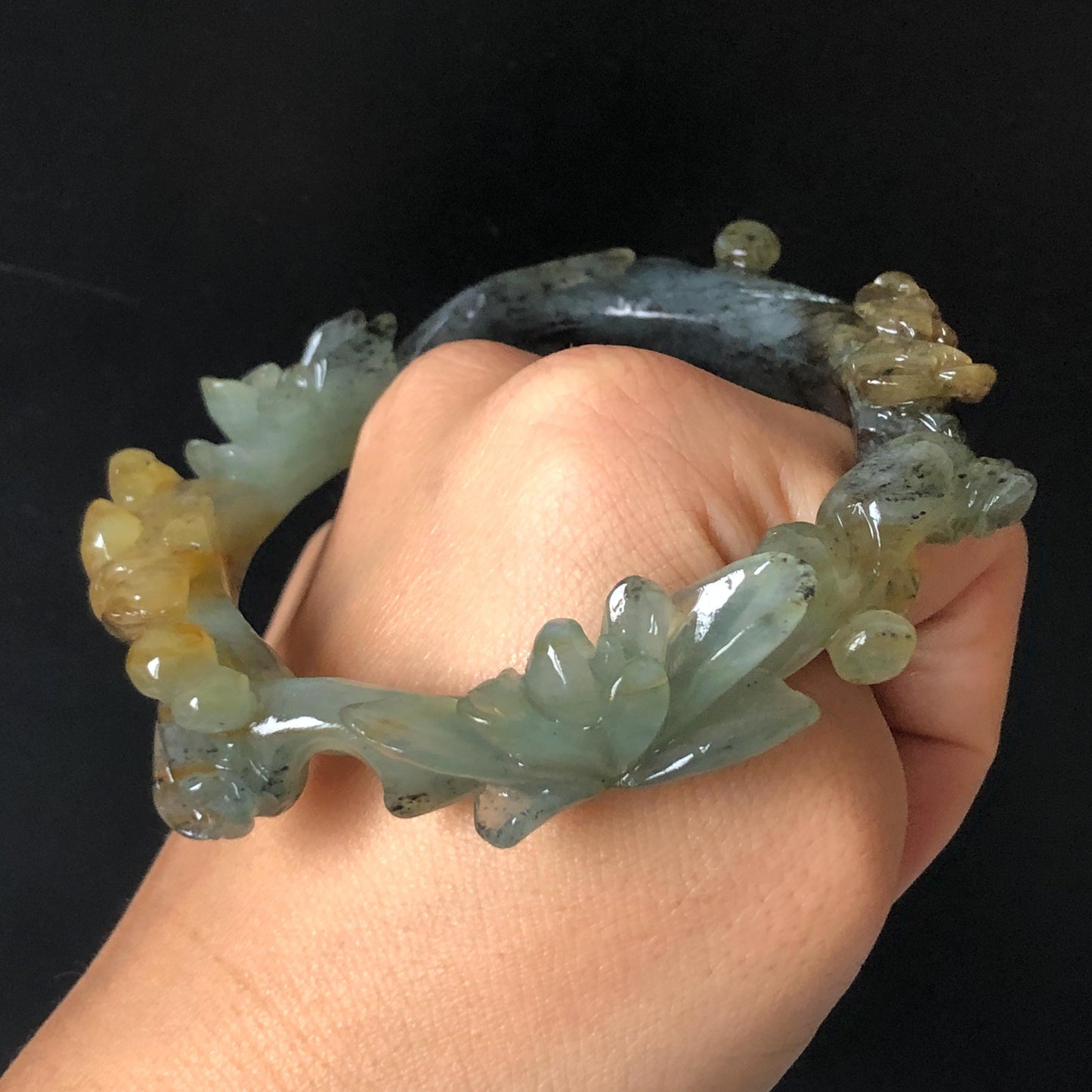 57.8mm Xiu Jade Serpentine Hand Carved Birds & Peony Flower Bangle: Natural Yellow Green Jade Handcrafted Bracelet, Stone Carving Jewelry