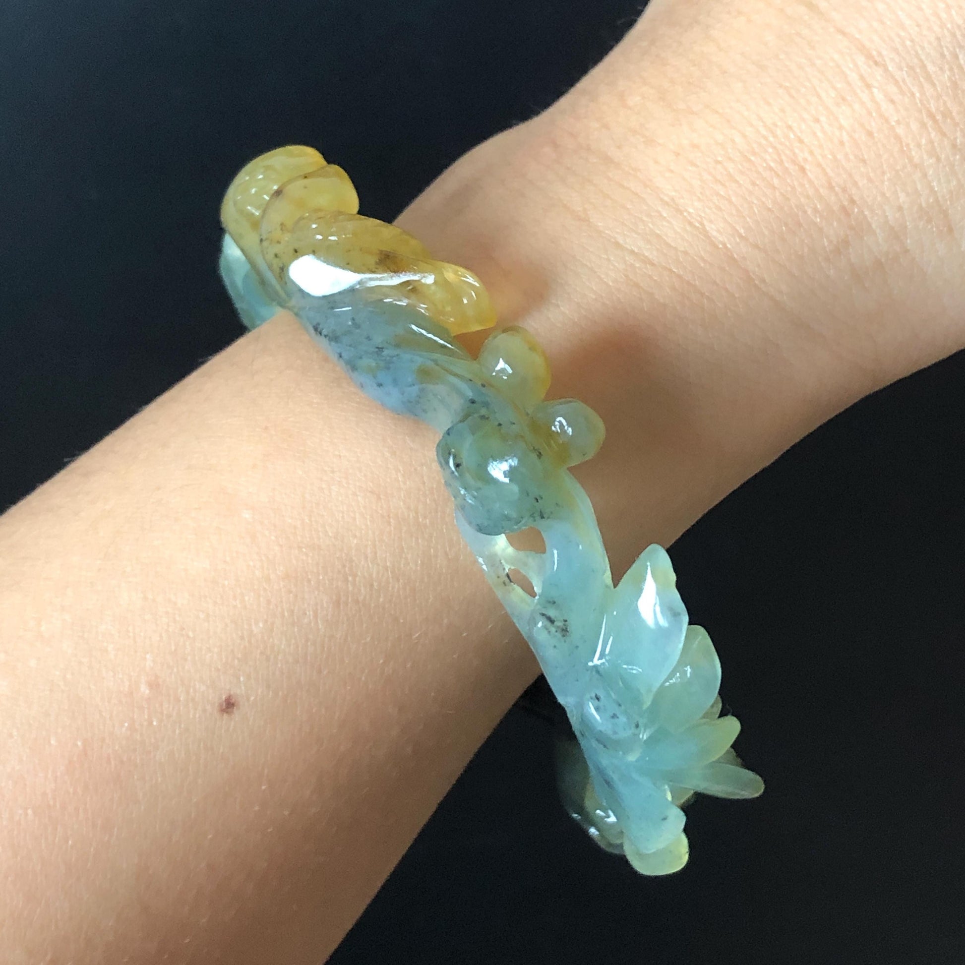 57.8mm Xiu Jade Serpentine Hand Carved Birds & Peony Flower Bangle: Natural Yellow Green Jade Handcrafted Bracelet, Stone Carving Jewelry