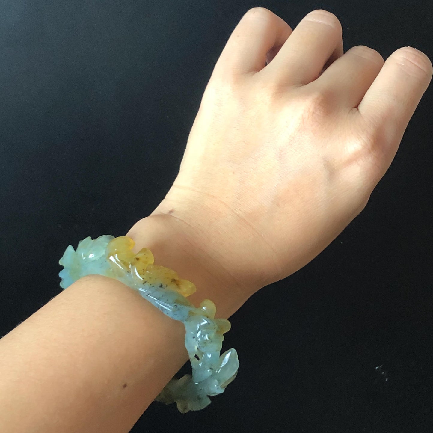 57.8mm Xiu Jade Serpentine Hand Carved Birds & Peony Flower Bangle: Natural Yellow Green Jade Handcrafted Bracelet, Stone Carving Jewelry