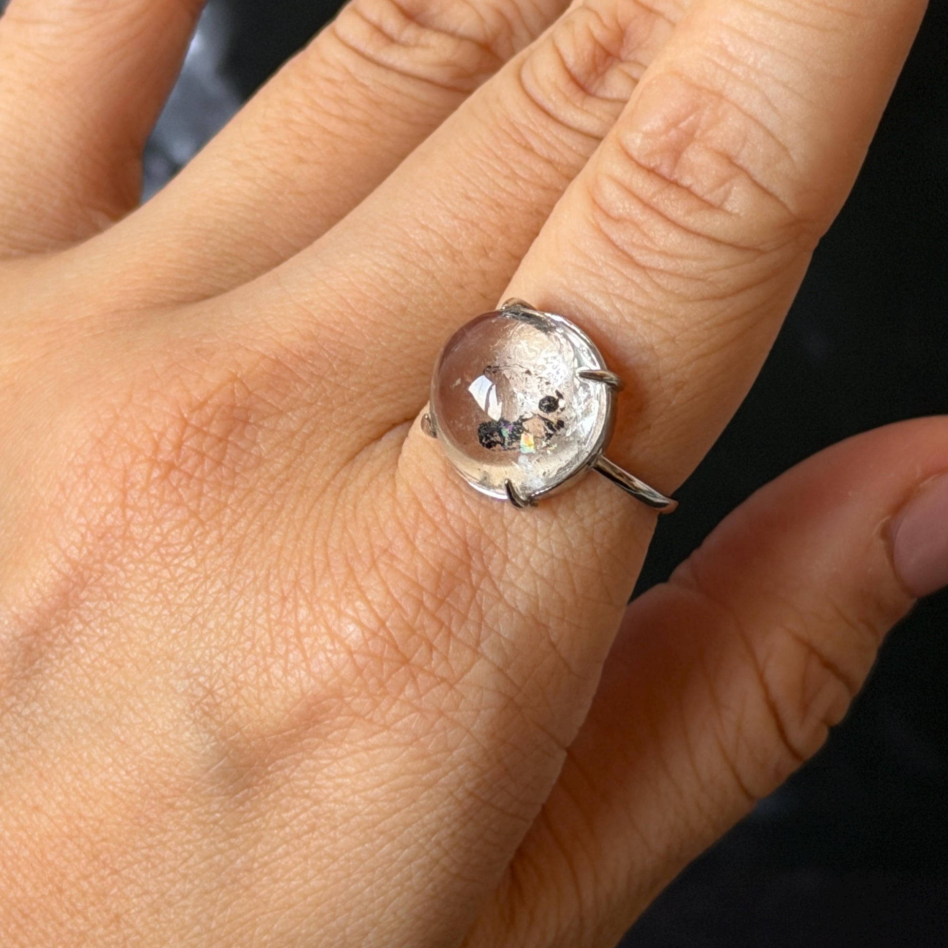 Rare Polished Enhydro Quartz (Herkimer Diamond) S925 Silver Adjustable Ring: Rainbow! Moving Sand & Black Bubble Statement Ring for Women ring crystal band ring crystal cocktail ring crystal stackable ring 7 chakra crystal ring meditation crystal healing stone birthstone silver ring ring for men rainbow quartz inclusion quartz inclusion crystal minerals specimen silver ring free size ring adjustable ring holder