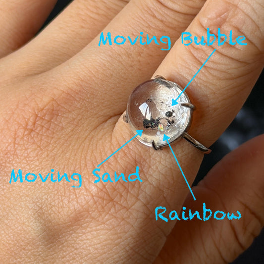 Rare Polished Enhydro Quartz (Herkimer Diamond) S925 Silver Adjustable Ring: Rainbow! Moving Sand & Black Bubble Statement Ring for Women ring crystal band ring crystal cocktail ring crystal stackable ring 7 chakra crystal ring meditation crystal healing stone birthstone silver ring ring for men rainbow quartz inclusion quartz inclusion crystal minerals specimen silver ring free size ring adjustable ring holder