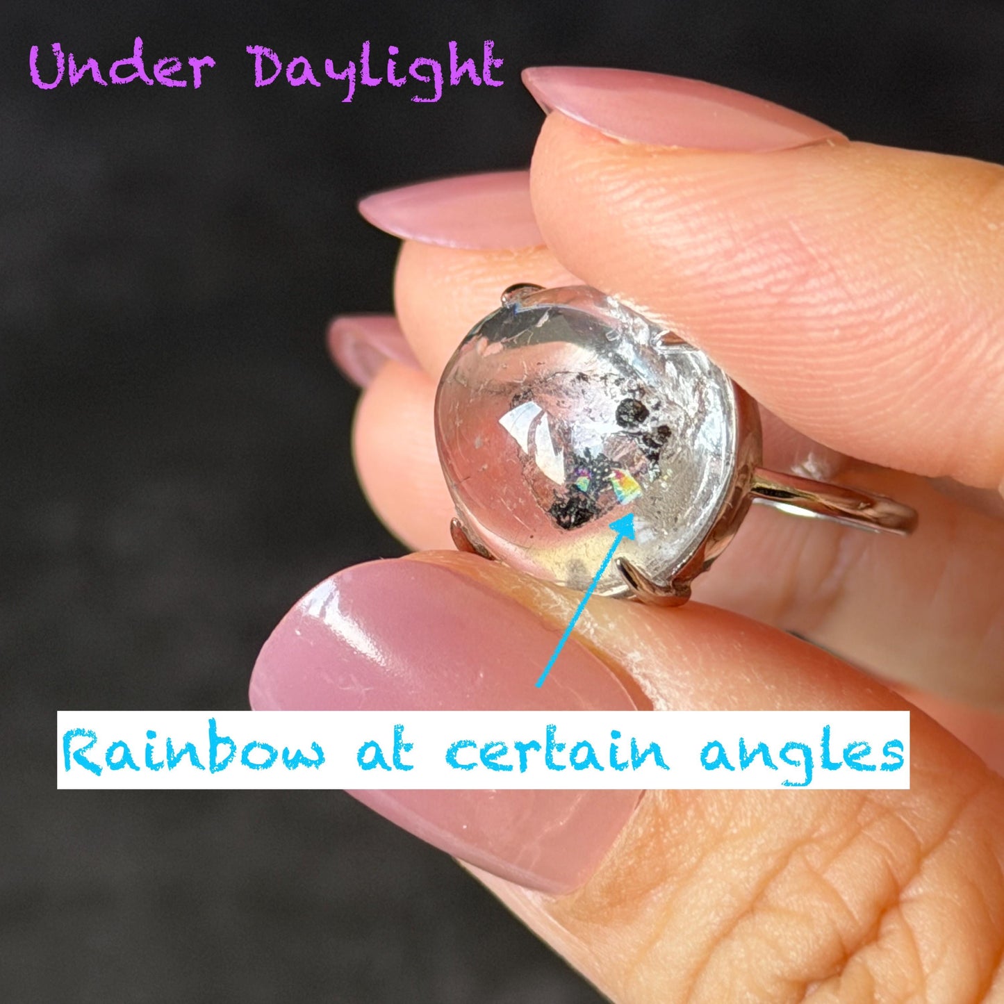 Rare Polished Enhydro Quartz (Herkimer Diamond) S925 Silver Adjustable Ring: Rainbow! Moving Sand & Black Bubble Statement Ring for Women ring crystal band ring crystal cocktail ring crystal stackable ring 7 chakra crystal ring meditation crystal healing stone birthstone silver ring ring for men rainbow quartz inclusion quartz inclusion crystal minerals specimen silver ring free size ring adjustable ring holder