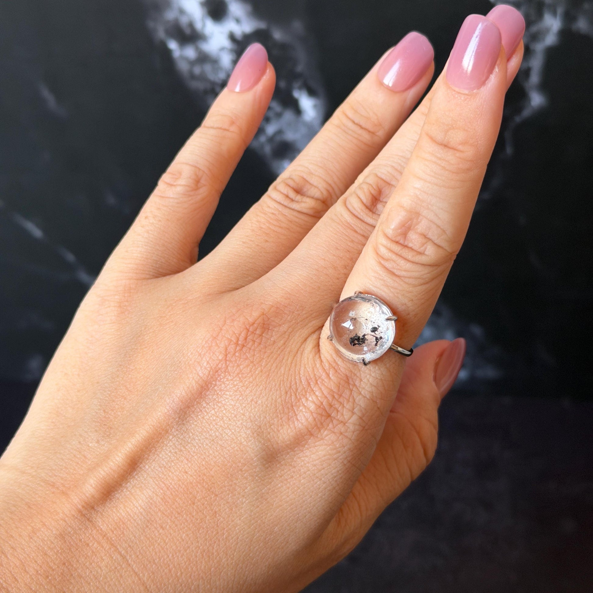Rare Polished Enhydro Quartz (Herkimer Diamond) S925 Silver Adjustable Ring: Rainbow! Moving Sand & Black Bubble Statement Ring for Women ring crystal band ring crystal cocktail ring crystal stackable ring 7 chakra crystal ring meditation crystal healing stone birthstone silver ring ring for men rainbow quartz inclusion quartz inclusion crystal minerals specimen silver ring free size ring adjustable ring holder