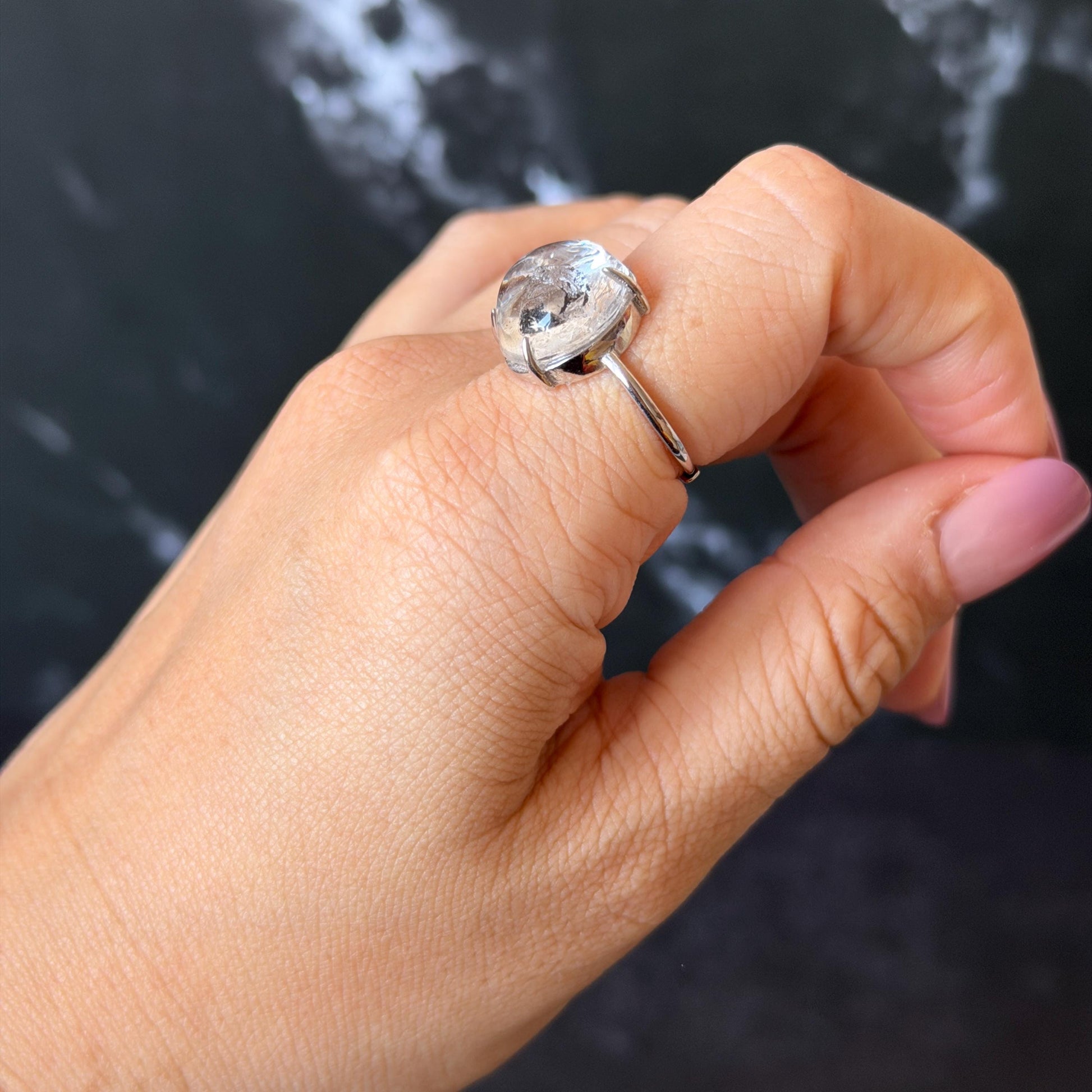 Rare Polished Enhydro Quartz (Herkimer Diamond) S925 Silver Adjustable Ring: Rainbow! Moving Sand & Black Bubble Statement Ring for Women ring crystal band ring crystal cocktail ring crystal stackable ring 7 chakra crystal ring meditation crystal healing stone birthstone silver ring ring for men rainbow quartz inclusion quartz inclusion crystal minerals specimen silver ring free size ring adjustable ring holder