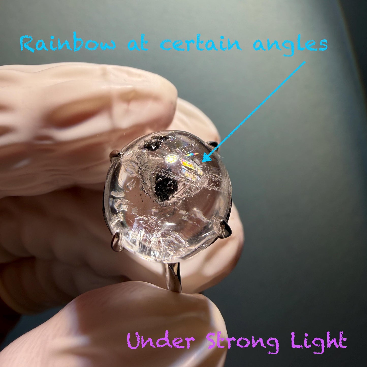 Rare Polished Enhydro Quartz (Herkimer Diamond) S925 Silver Adjustable Ring: Rainbow! Moving Sand & Black Bubble Statement Ring for Women ring crystal band ring crystal cocktail ring crystal stackable ring 7 chakra crystal ring meditation crystal healing stone birthstone silver ring ring for men rainbow quartz inclusion quartz inclusion crystal minerals specimen silver ring free size ring adjustable ring holder