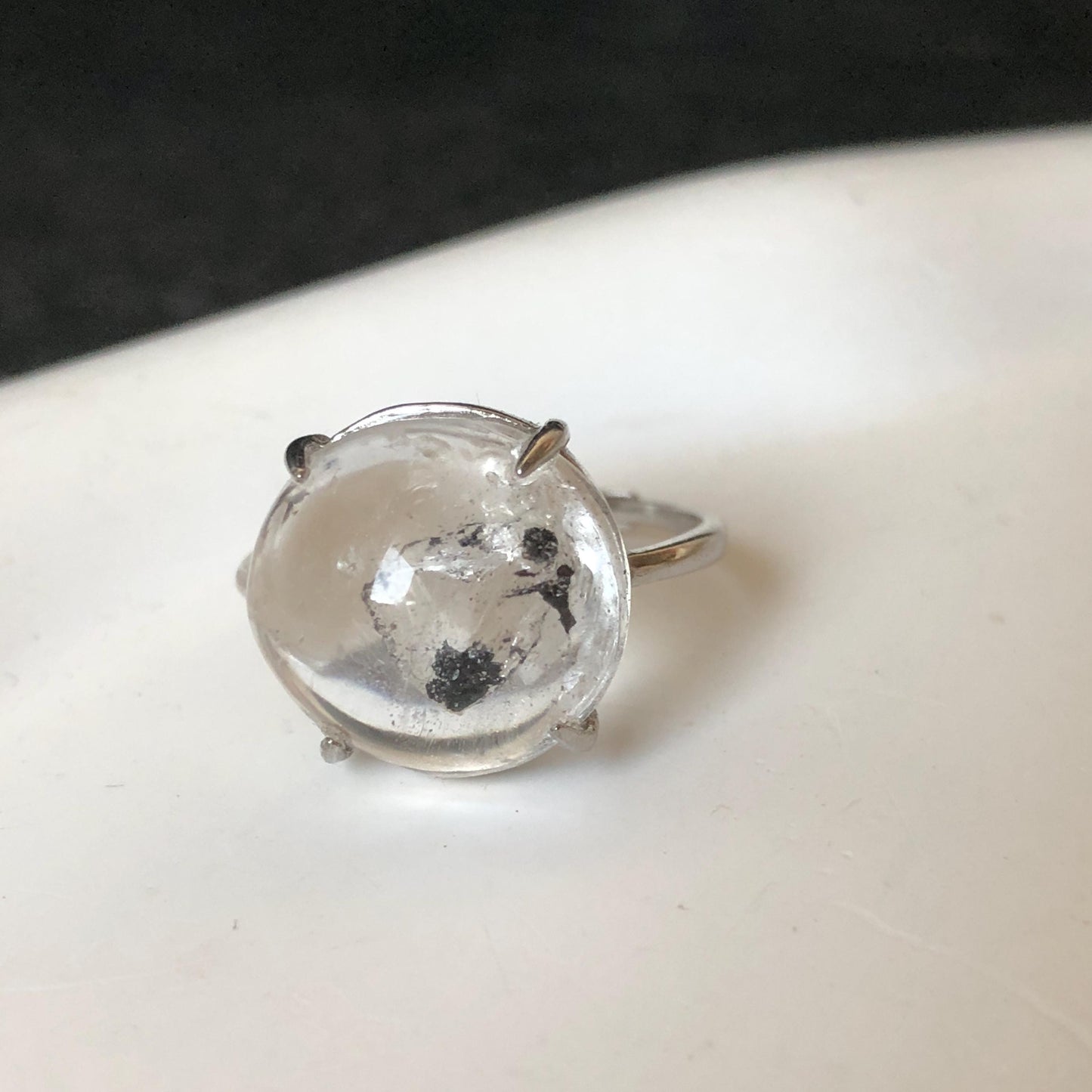 Rare Polished Enhydro Quartz (Herkimer Diamond) S925 Silver Adjustable Ring: Rainbow! Moving Sand & Black Bubble Statement Ring for Women ring crystal band ring crystal cocktail ring crystal stackable ring 7 chakra crystal ring meditation crystal healing stone birthstone silver ring ring for men rainbow quartz inclusion quartz inclusion crystal minerals specimen silver ring free size ring adjustable ring holder