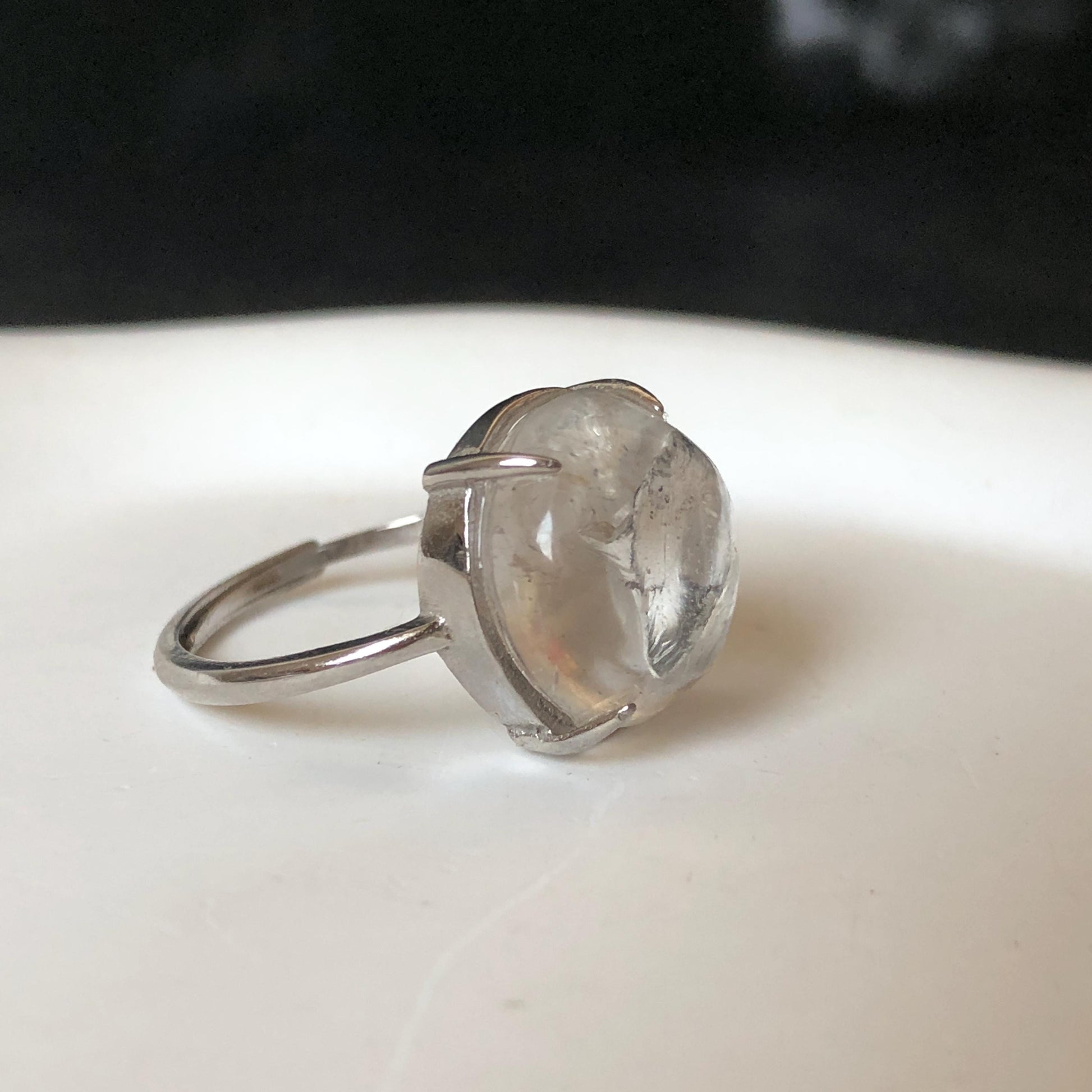 Rare Polished Enhydro Quartz (Herkimer Diamond) S925 Silver Adjustable Ring: Rainbow! Moving Sand & Black Bubble Statement Ring for Women ring crystal band ring crystal cocktail ring crystal stackable ring 7 chakra crystal ring meditation crystal healing stone birthstone silver ring ring for men rainbow quartz inclusion quartz inclusion crystal minerals specimen silver ring free size ring adjustable ring holder