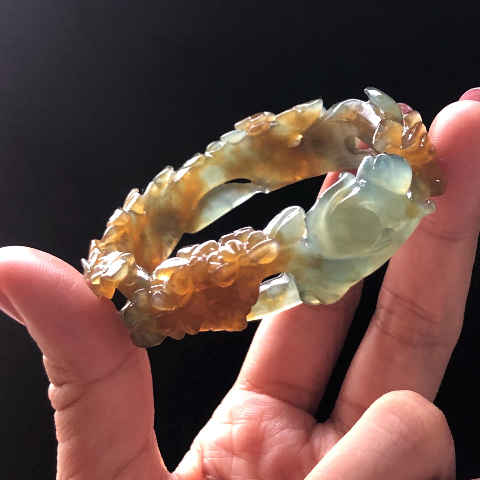 52.5mm Xiu Jade Serpentine Hand Carved Kitten Cat with Butterfly Bangle: Natural Yellow Greenish Blue Jade Handcrafted Bracelet, Stone Carving Gemstone Jewellery Gift for her wide jade bangle jade carving hand engraved stone carving natural untreated jade bracelet green jade yellow jade brown jade blue jade handcraft jade cat carving kitten carving flower carving chinese jade vintage bangle antique bracelet