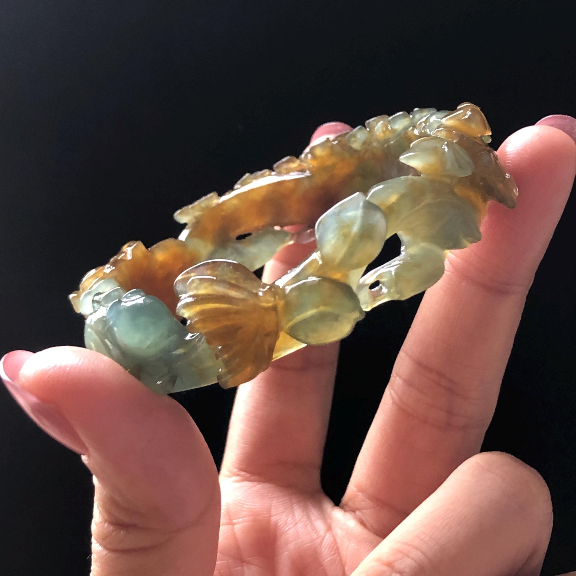 52.5mm Xiu Jade Serpentine Hand Carved Kitten Cat with Butterfly Bangle: Natural Yellow Greenish Blue Jade Handcrafted Bracelet, Stone Carving Gemstone Jewellery Gift for her wide jade bangle jade carving hand engraved stone carving natural untreated jade bracelet green jade yellow jade brown jade blue jade handcraft jade cat carving kitten carving flower carving chinese jade vintage bangle antique bracelet