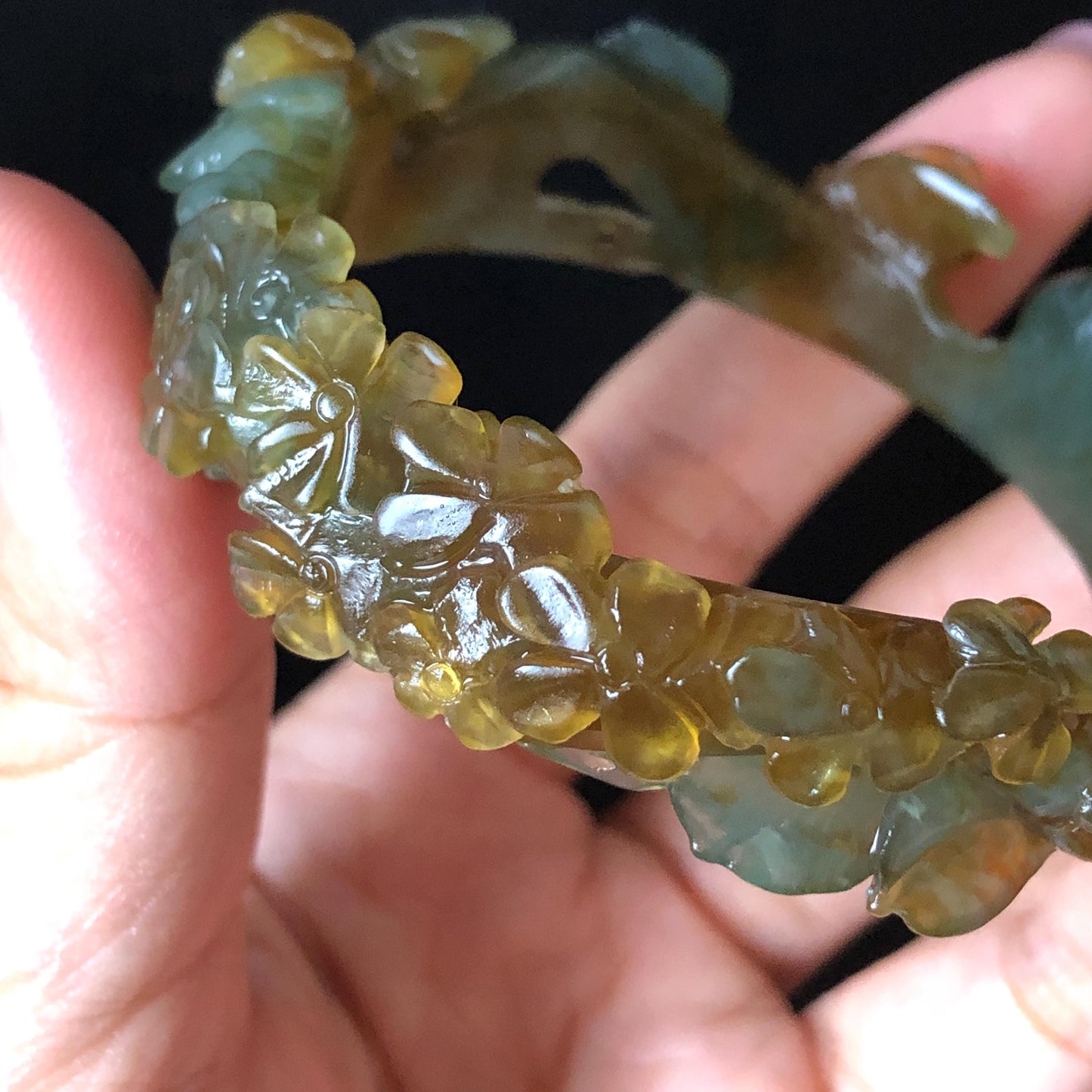 52.5mm Xiu Jade Serpentine Hand Carved Kitten Cat with Butterfly Bangle: Natural Yellow Greenish Blue Jade Handcrafted Bracelet, Stone Carving Gemstone Jewellery Gift for her wide jade bangle jade carving hand engraved stone carving natural untreated jade bracelet green jade yellow jade brown jade blue jade handcraft jade cat carving kitten carving flower carving chinese jade vintage bangle antique bracelet