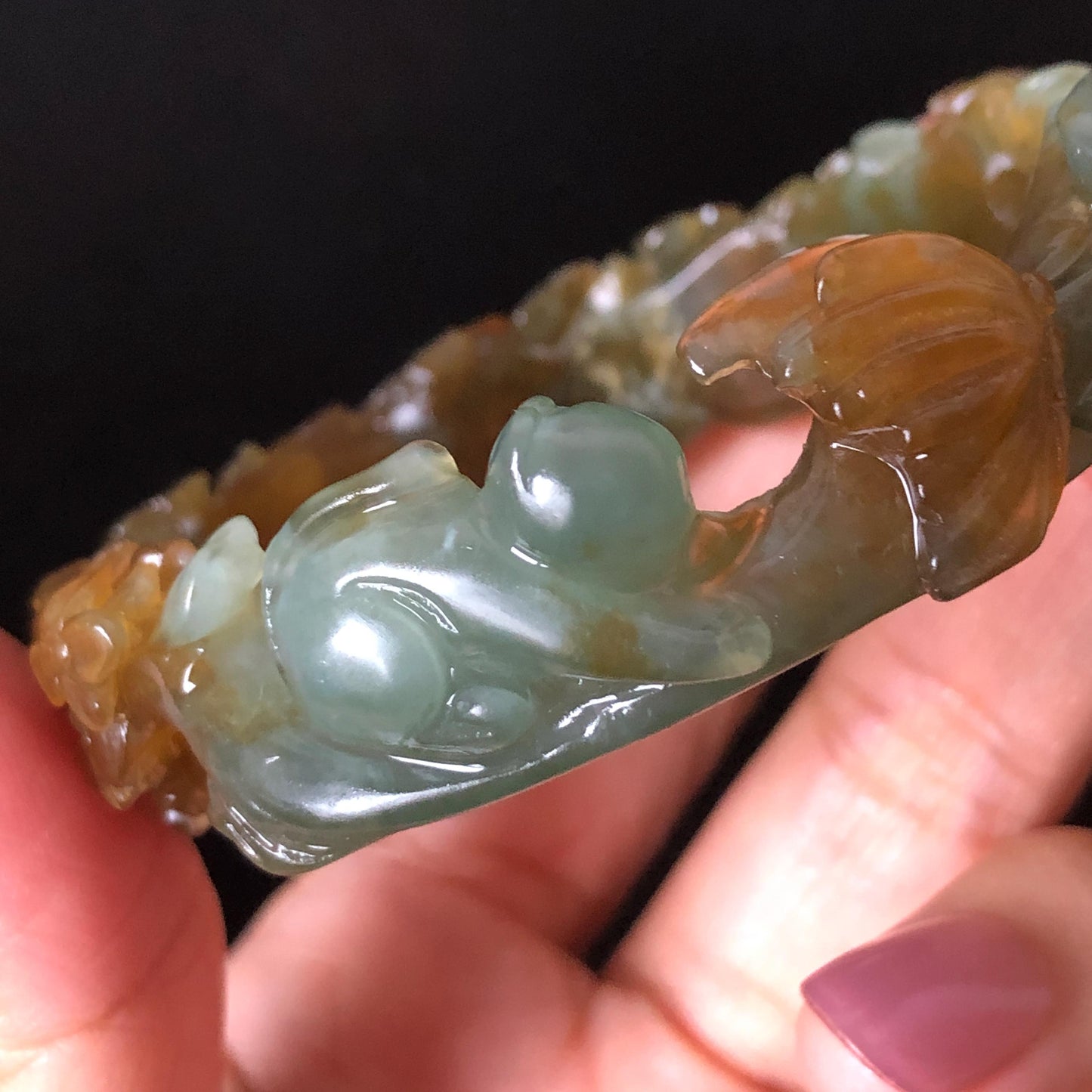 52.5mm Xiu Jade Serpentine Hand Carved Kitten Cat with Butterfly Bangle: Natural Yellow Greenish Blue Jade Handcrafted Bracelet, Stone Carving Gemstone Jewellery Gift for her wide jade bangle jade carving hand engraved stone carving natural untreated jade bracelet green jade yellow jade brown jade blue jade handcraft jade cat carving kitten carving flower carving chinese jade vintage bangle antique bracelet