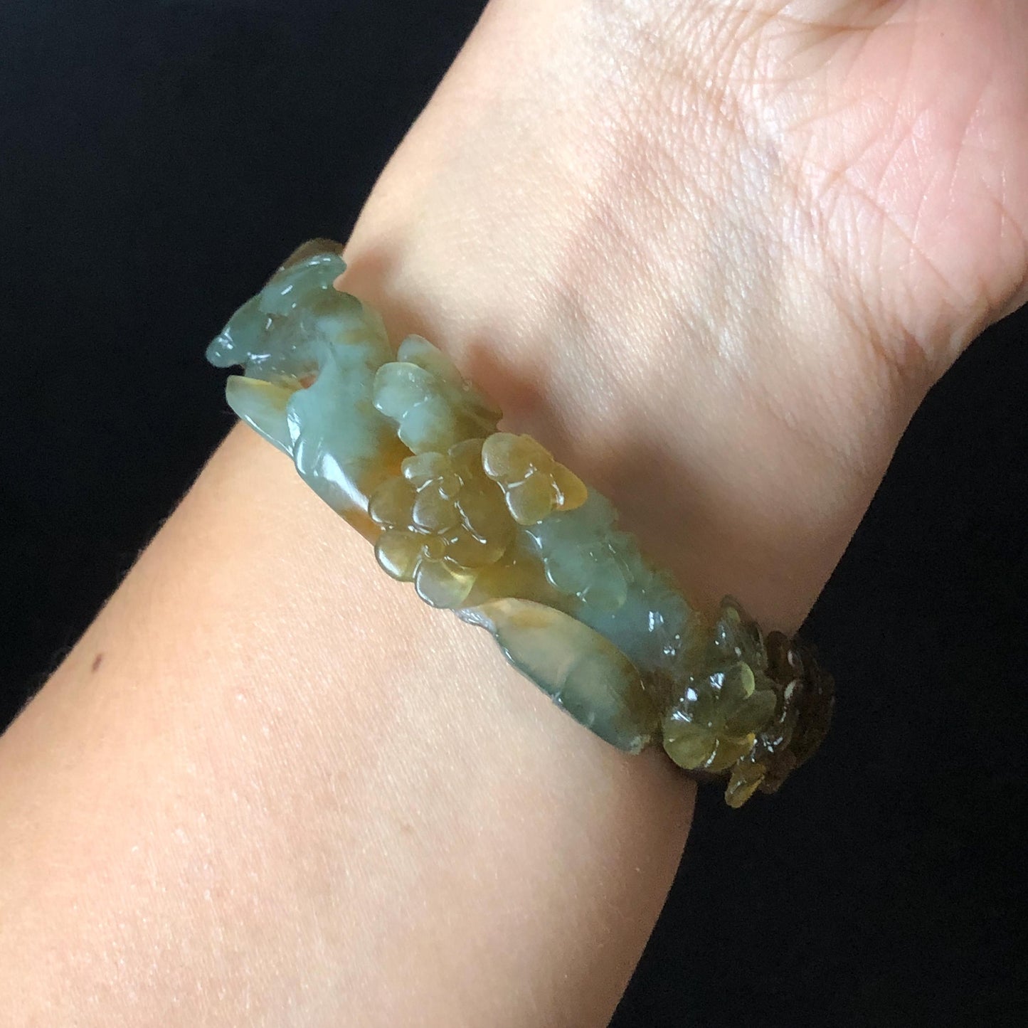 52.5mm Xiu Jade Serpentine Hand Carved Kitten Cat with Butterfly Bangle: Natural Yellow Greenish Blue Jade Handcrafted Bracelet, Stone Carving Gemstone Jewellery Gift for her wide jade bangle jade carving hand engraved stone carving natural untreated jade bracelet green jade yellow jade brown jade blue jade handcraft jade cat carving kitten carving flower carving chinese jade vintage bangle antique bracelet