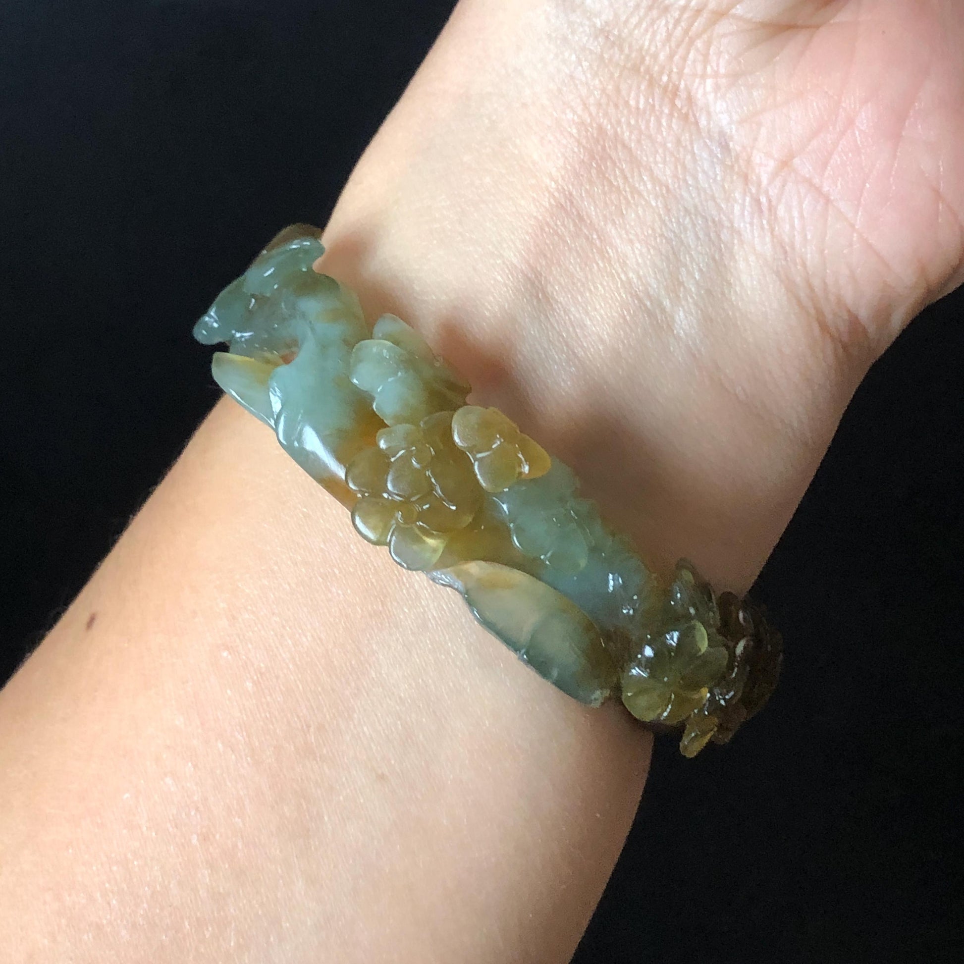 52.5mm Xiu Jade Serpentine Hand Carved Kitten Cat with Butterfly Bangle: Natural Yellow Greenish Blue Jade Handcrafted Bracelet, Stone Carving Gemstone Jewellery Gift for her wide jade bangle jade carving hand engraved stone carving natural untreated jade bracelet green jade yellow jade brown jade blue jade handcraft jade cat carving kitten carving flower carving chinese jade vintage bangle antique bracelet