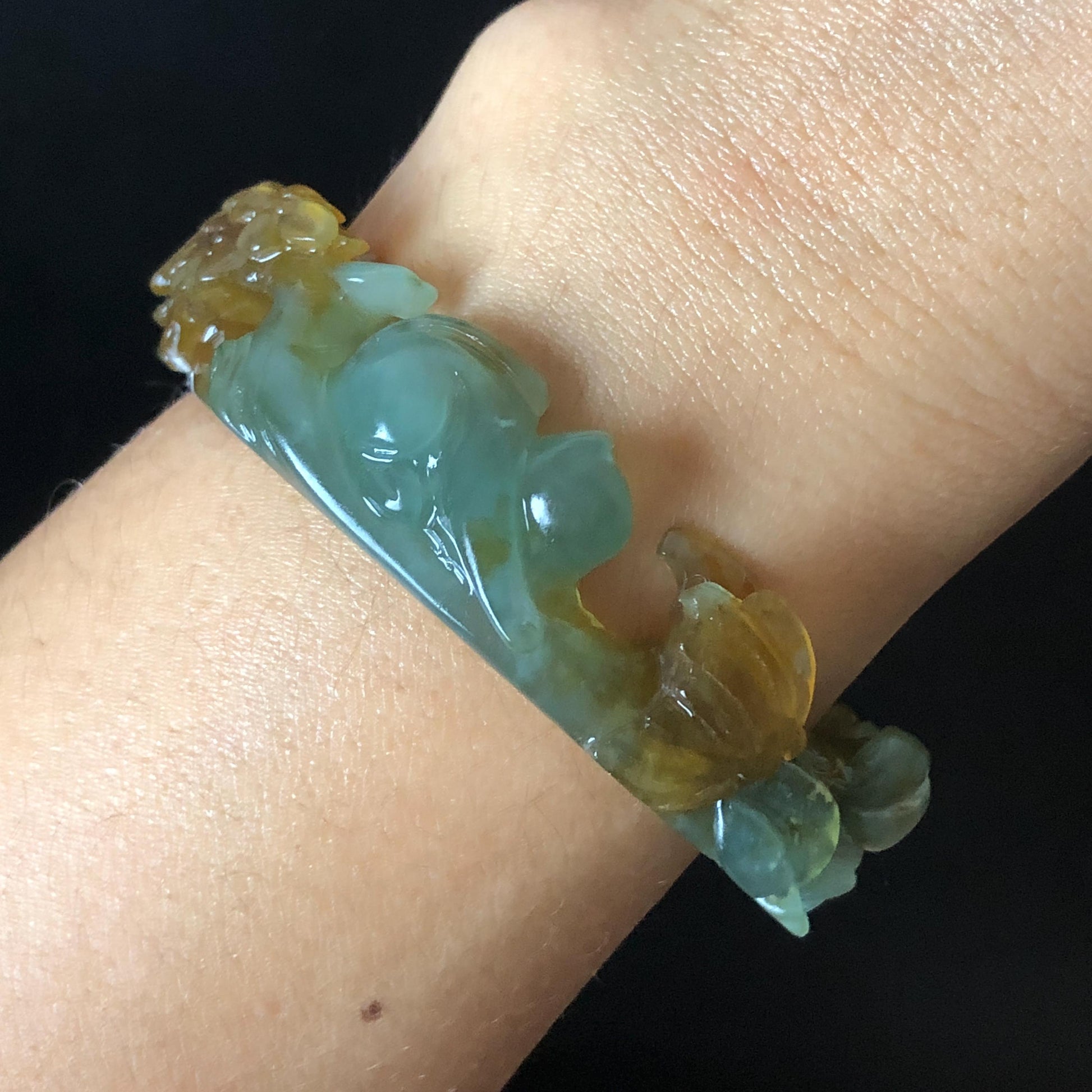 52.5mm Xiu Jade Serpentine Hand Carved Kitten Cat with Butterfly Bangle: Natural Yellow Greenish Blue Jade Handcrafted Bracelet, Stone Carving Gemstone Jewellery Gift for her wide jade bangle jade carving hand engraved stone carving natural untreated jade bracelet green jade yellow jade brown jade blue jade handcraft jade cat carving kitten carving flower carving chinese jade vintage bangle antique bracelet