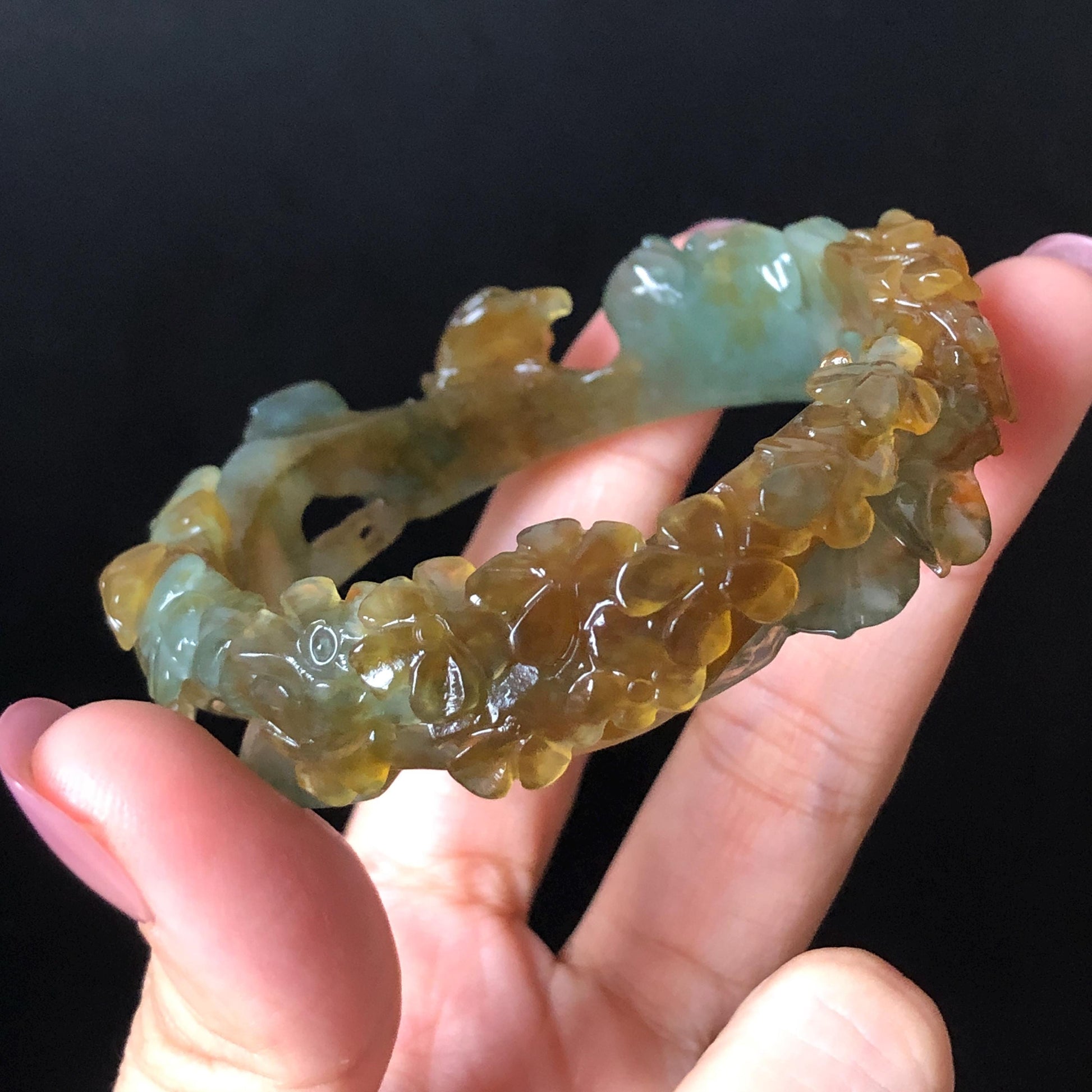 52.5mm Xiu Jade Serpentine Hand Carved Kitten Cat with Butterfly Bangle: Natural Yellow Greenish Blue Jade Handcrafted Bracelet, Stone Carving Gemstone Jewellery Gift for her wide jade bangle jade carving hand engraved stone carving natural untreated jade bracelet green jade yellow jade brown jade blue jade handcraft jade cat carving kitten carving flower carving chinese jade vintage bangle antique bracelet