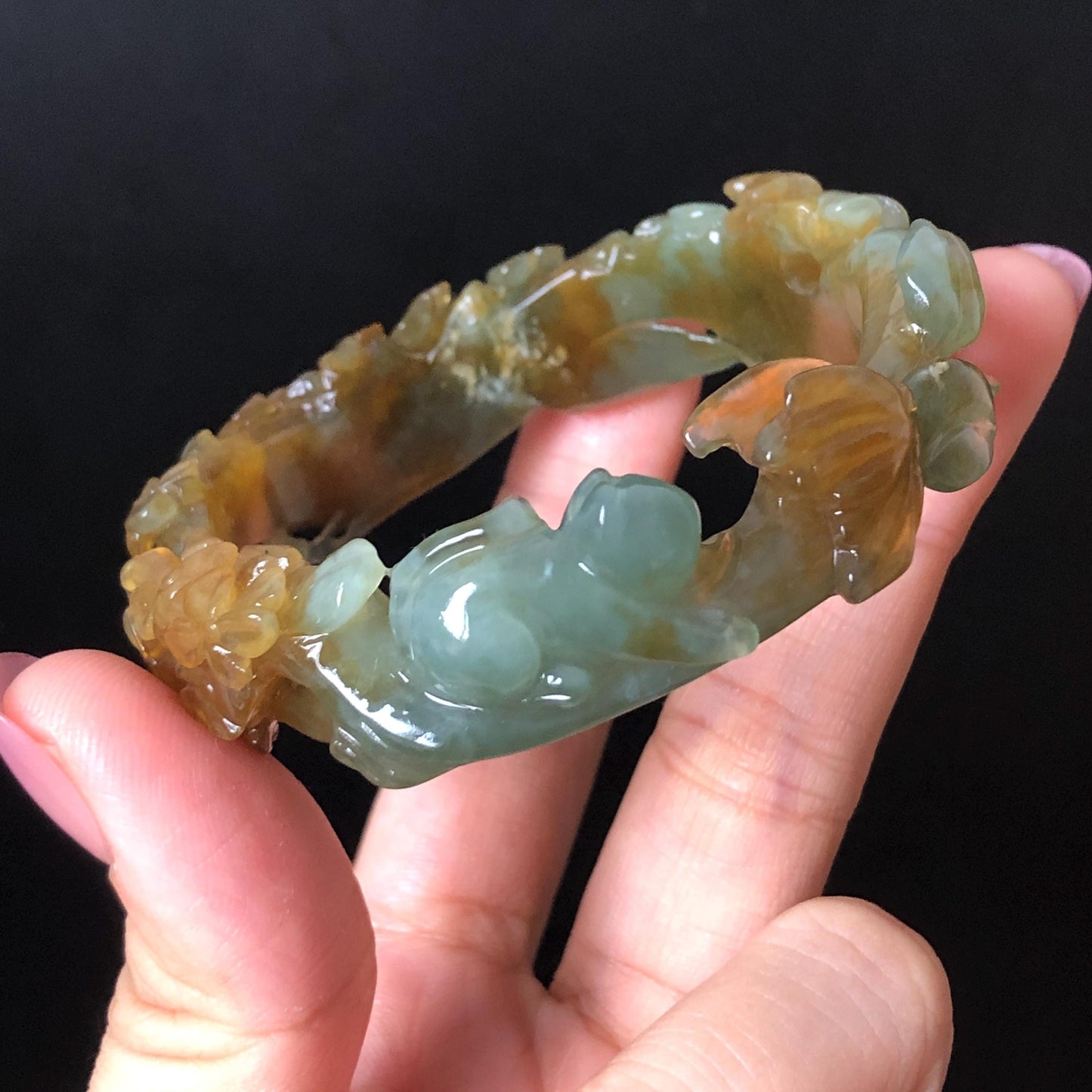 52.5mm Xiu Jade Serpentine Hand Carved Kitten Cat with Butterfly Bangle: Natural Yellow Greenish Blue Jade Handcrafted Bracelet, Stone Carving Gemstone Jewellery Gift for her wide jade bangle jade carving hand engraved stone carving natural untreated jade bracelet green jade yellow jade brown jade blue jade handcraft jade cat carving kitten carving flower carving chinese jade vintage bangle antique bracelet