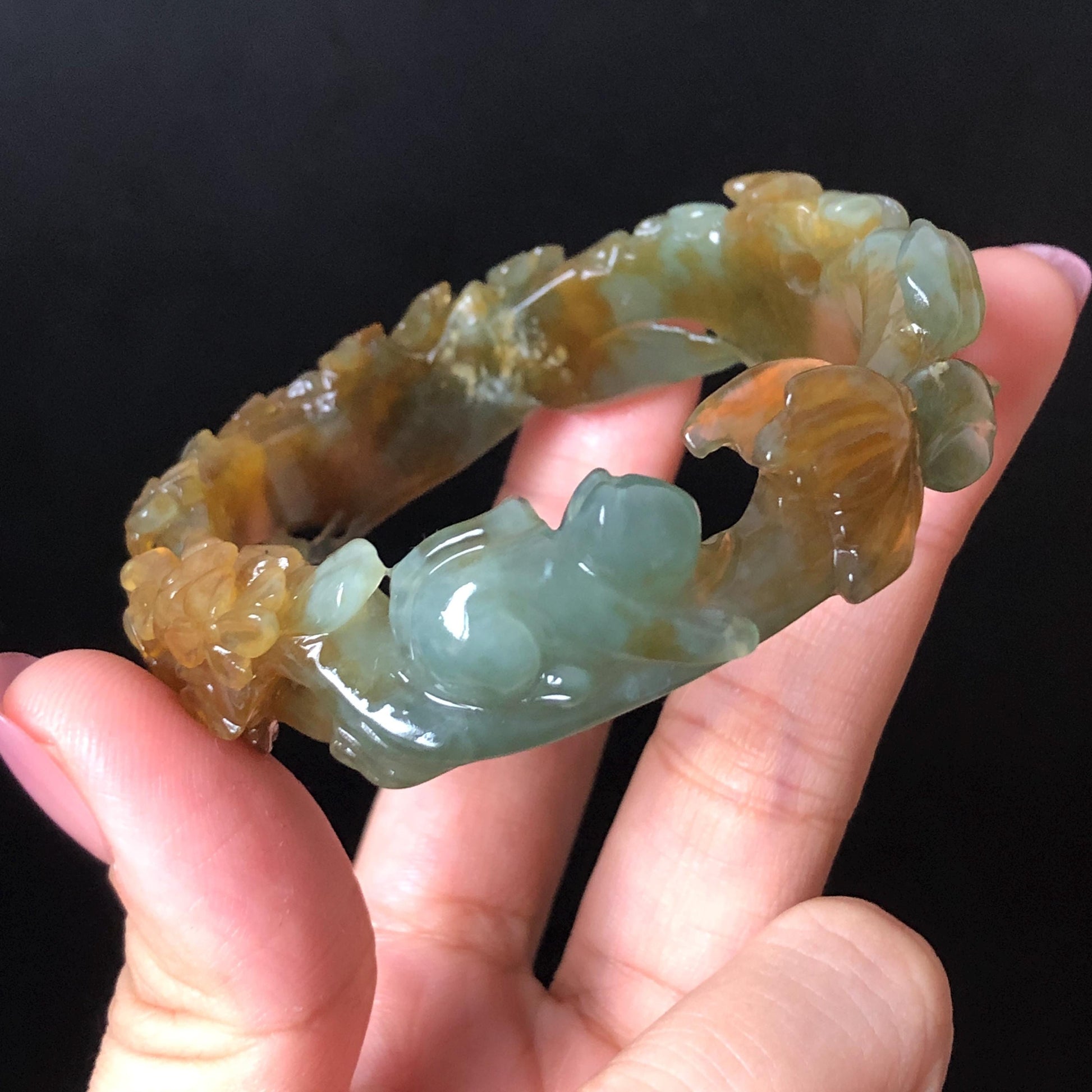 52.5mm Xiu Jade Serpentine Hand Carved Kitten Cat with Butterfly Bangle: Natural Yellow Greenish Blue Jade Handcrafted Bracelet, Stone Carving Gemstone Jewellery Gift for her wide jade bangle jade carving hand engraved stone carving natural untreated jade bracelet green jade yellow jade brown jade blue jade handcraft jade cat carving kitten carving flower carving chinese jade vintage bangle antique bracelet