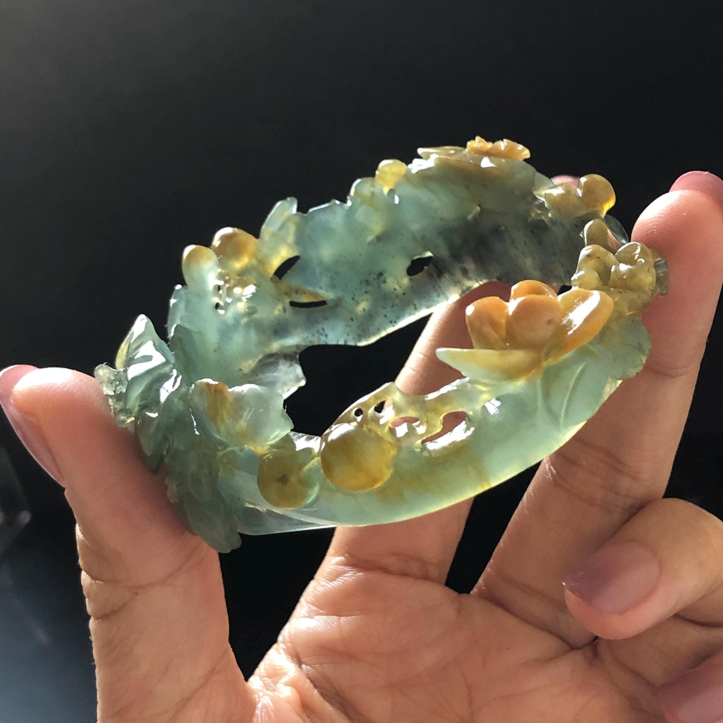 54.5mm Xiu Jade Serpentine Hand Carved Begonia Flower Bangle: Natural Yellow Greenish Blue Jade Handcrafted Bracelet, Stone Carving Gemstone Jewelry Gift for her wide jade bangle jade carving hand engraved stone carving natural untreated jade bracelet green jade yellow jade blue jade multi colour jade handcraft jade flower carving floral bracelet chinese jade vintage bangle antique bracelet