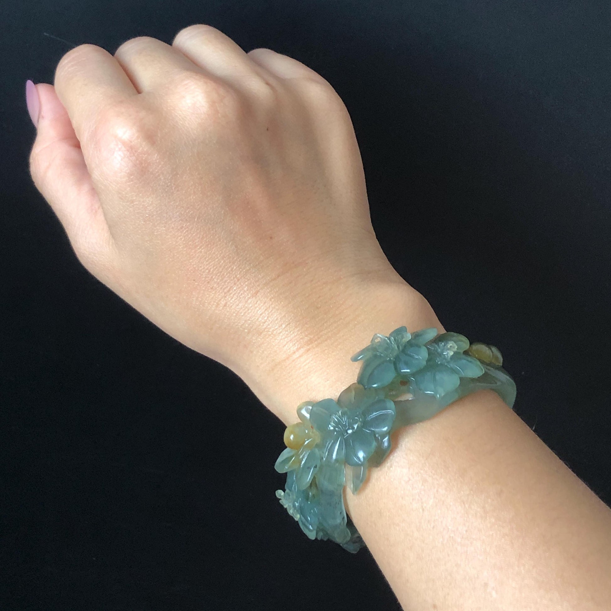 54.5mm Xiu Jade Serpentine Hand Carved Begonia Flower Bangle: Natural Yellow Greenish Blue Jade Handcrafted Bracelet, Stone Carving Gemstone Jewelry Gift for her wide jade bangle jade carving hand engraved stone carving natural untreated jade bracelet green jade yellow jade blue jade multi colour jade handcraft jade flower carving floral bracelet chinese jade vintage bangle antique bracelet