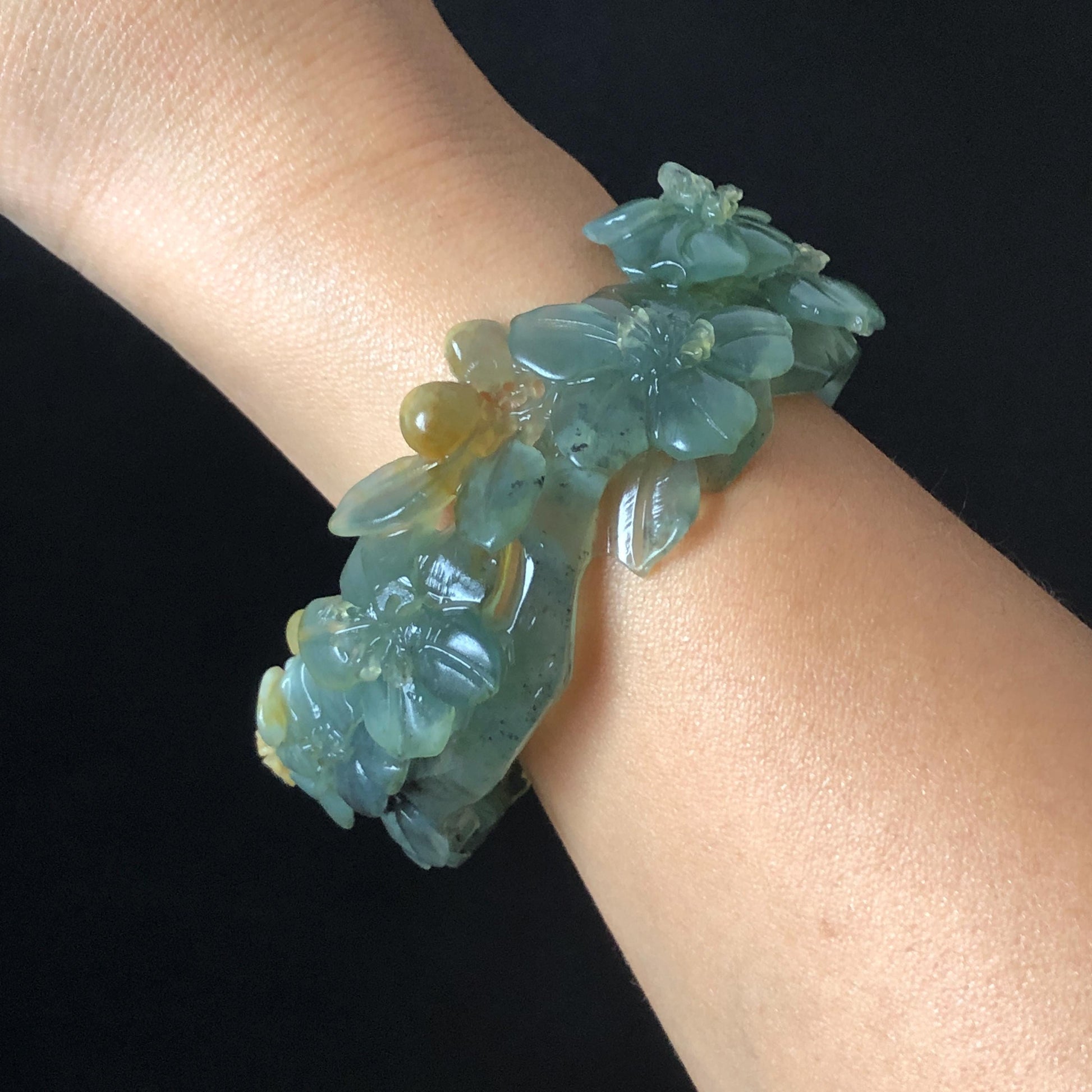 54.5mm Xiu Jade Serpentine Hand Carved Begonia Flower Bangle: Natural Yellow Greenish Blue Jade Handcrafted Bracelet, Stone Carving Gemstone Jewelry Gift for her wide jade bangle jade carving hand engraved stone carving natural untreated jade bracelet green jade yellow jade blue jade multi colour jade handcraft jade flower carving floral bracelet chinese jade vintage bangle antique bracelet