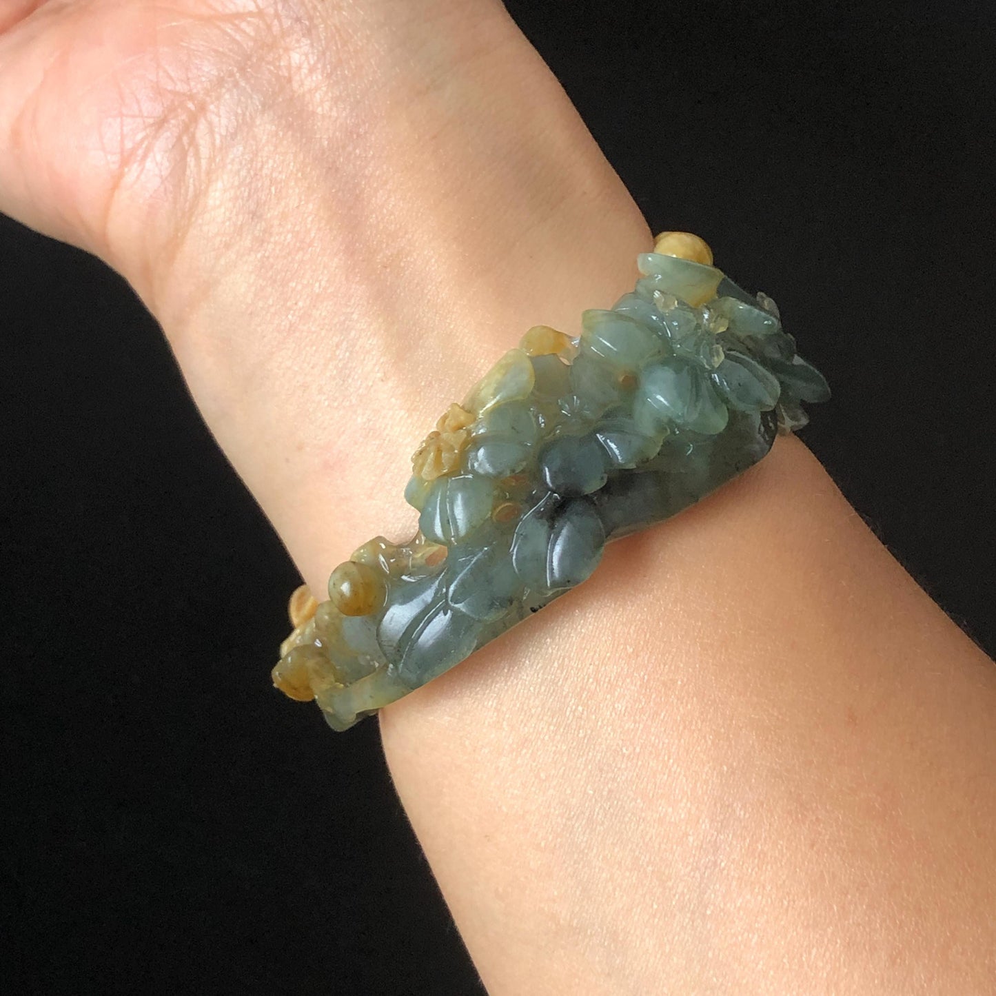 54.5mm Xiu Jade Serpentine Hand Carved Begonia Flower Bangle: Natural Yellow Greenish Blue Jade Handcrafted Bracelet, Stone Carving Gemstone Jewelry Gift for her wide jade bangle jade carving hand engraved stone carving natural untreated jade bracelet green jade yellow jade blue jade multi colour jade handcraft jade flower carving floral bracelet chinese jade vintage bangle antique bracelet