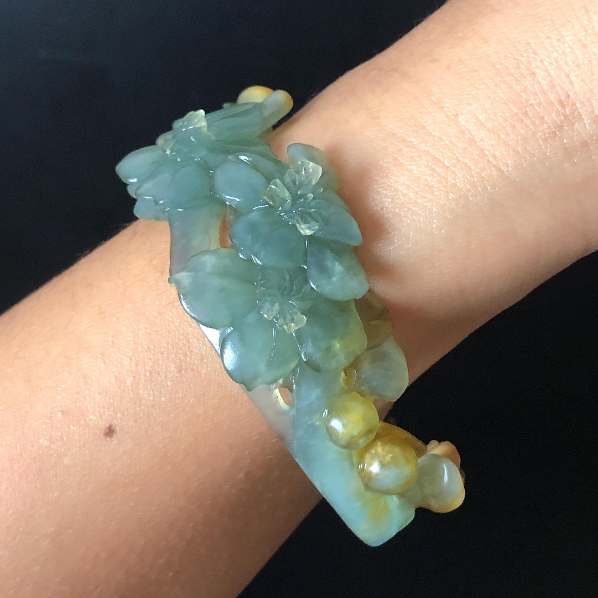 54.5mm Xiu Jade Serpentine Hand Carved Begonia Flower Bangle: Natural Yellow Greenish Blue Jade Handcrafted Bracelet, Stone Carving Gemstone Jewelry Gift for her wide jade bangle jade carving hand engraved stone carving natural untreated jade bracelet green jade yellow jade blue jade multi colour jade handcraft jade flower carving floral bracelet chinese jade vintage bangle antique bracelet