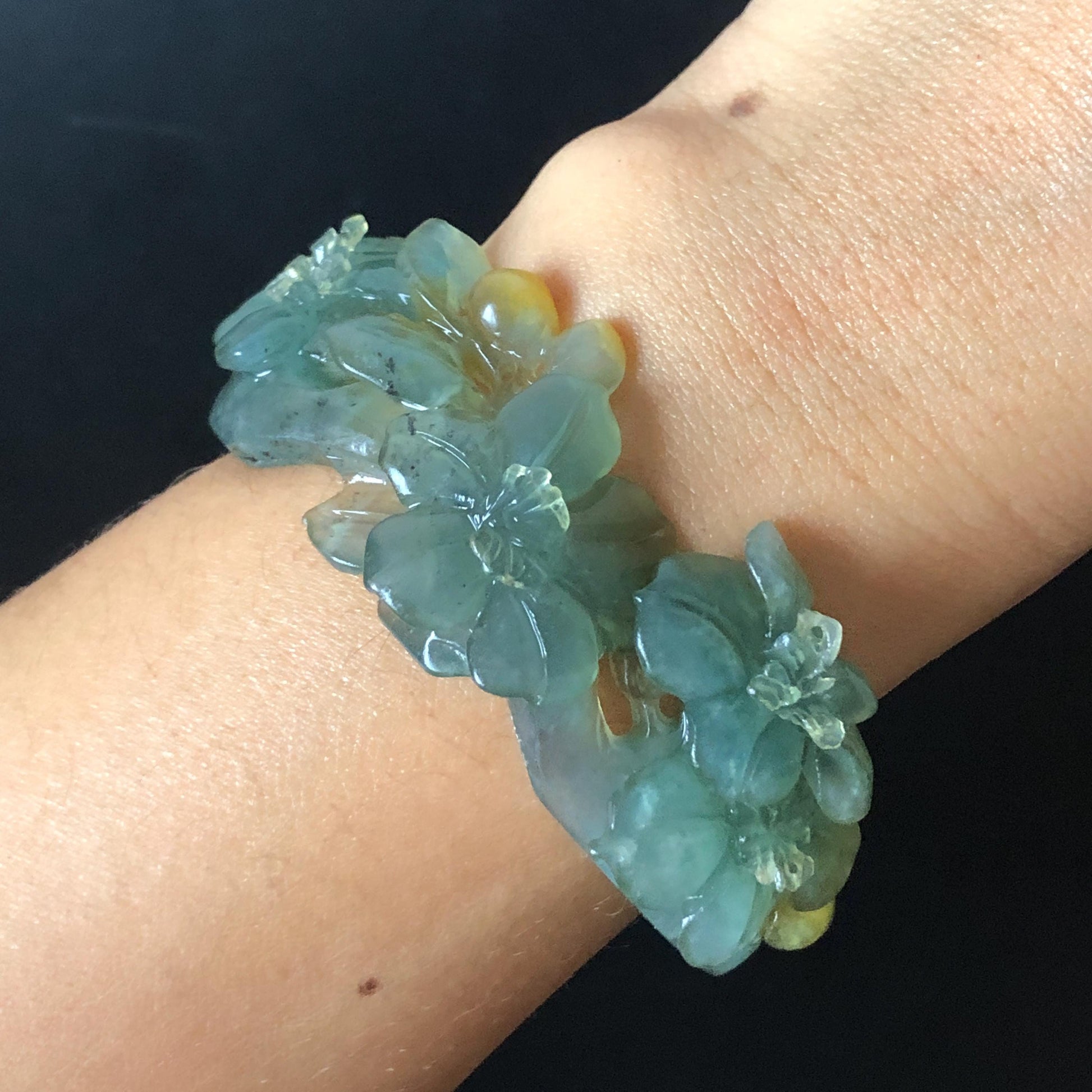 54.5mm Xiu Jade Serpentine Hand Carved Begonia Flower Bangle: Natural Yellow Greenish Blue Jade Handcrafted Bracelet, Stone Carving Gemstone Jewelry Gift for her wide jade bangle jade carving hand engraved stone carving natural untreated jade bracelet green jade yellow jade blue jade multi colour jade handcraft jade flower carving floral bracelet chinese jade vintage bangle antique bracelet