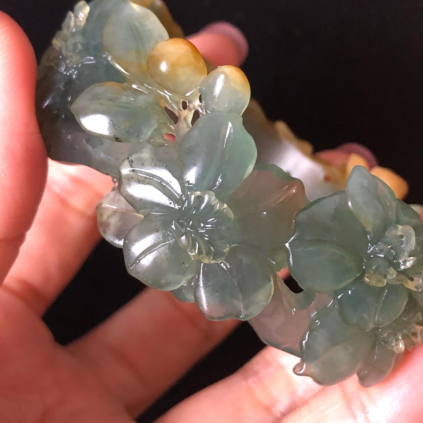 54.5mm Xiu Jade Serpentine Hand Carved Begonia Flower Bangle: Natural Yellow Greenish Blue Jade Handcrafted Bracelet, Stone Carving Gemstone Jewelry Gift for her wide jade bangle jade carving hand engraved stone carving natural untreated jade bracelet green jade yellow jade blue jade multi colour jade handcraft jade flower carving floral bracelet chinese jade vintage bangle antique bracelet