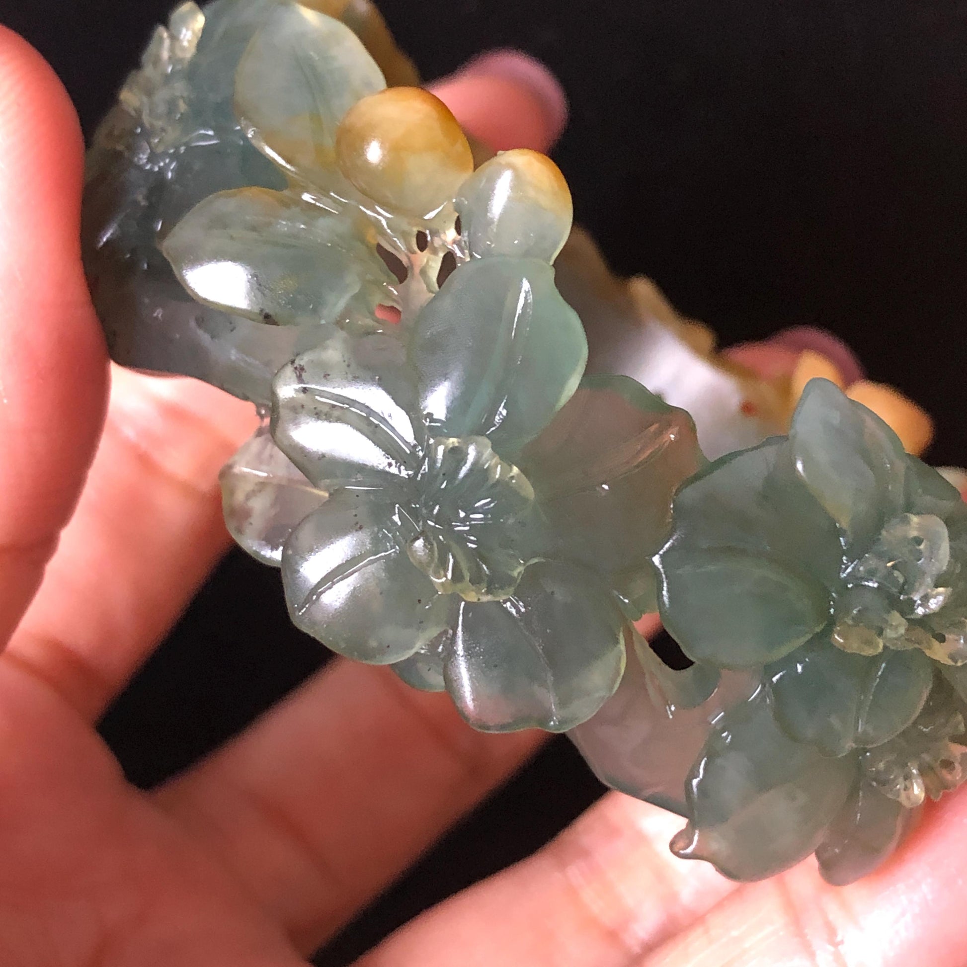 54.5mm Xiu Jade Serpentine Hand Carved Begonia Flower Bangle: Natural Yellow Greenish Blue Jade Handcrafted Bracelet, Stone Carving Gemstone Jewelry Gift for her wide jade bangle jade carving hand engraved stone carving natural untreated jade bracelet green jade yellow jade blue jade multi colour jade handcraft jade flower carving floral bracelet chinese jade vintage bangle antique bracelet