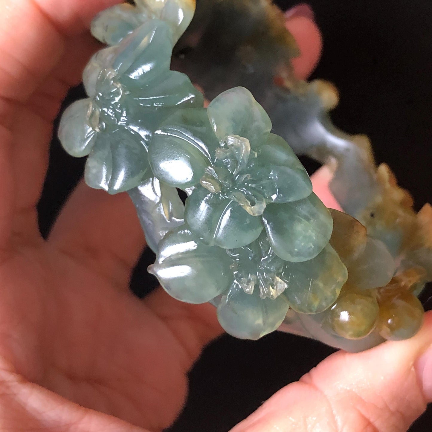 54.5mm Xiu Jade Serpentine Hand Carved Begonia Flower Bangle: Natural Yellow Greenish Blue Jade Handcrafted Bracelet, Stone Carving Gemstone Jewelry Gift for her wide jade bangle jade carving hand engraved stone carving natural untreated jade bracelet green jade yellow jade blue jade multi colour jade handcraft jade flower carving floral bracelet chinese jade vintage bangle antique bracelet