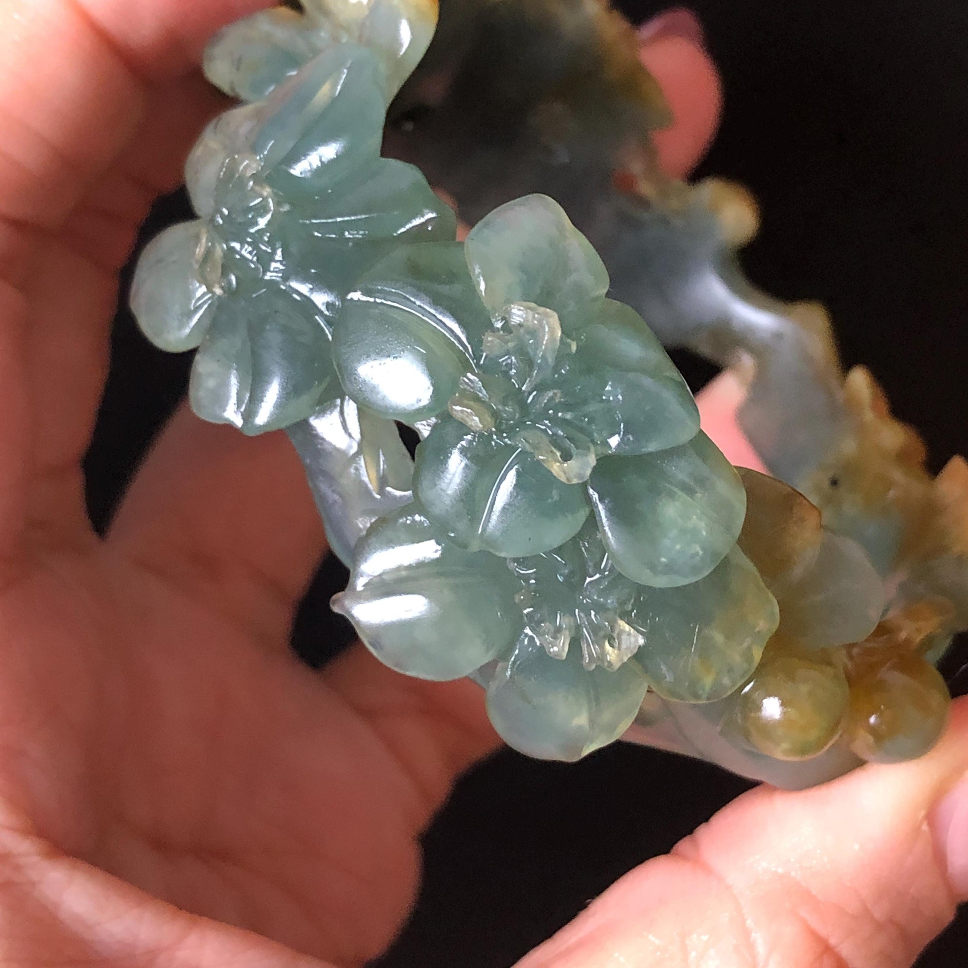 54.5mm Xiu Jade Serpentine Hand Carved Begonia Flower Bangle: Natural Yellow Greenish Blue Jade Handcrafted Bracelet, Stone Carving Gemstone Jewelry Gift for her wide jade bangle jade carving hand engraved stone carving natural untreated jade bracelet green jade yellow jade blue jade multi colour jade handcraft jade flower carving floral bracelet chinese jade vintage bangle antique bracelet