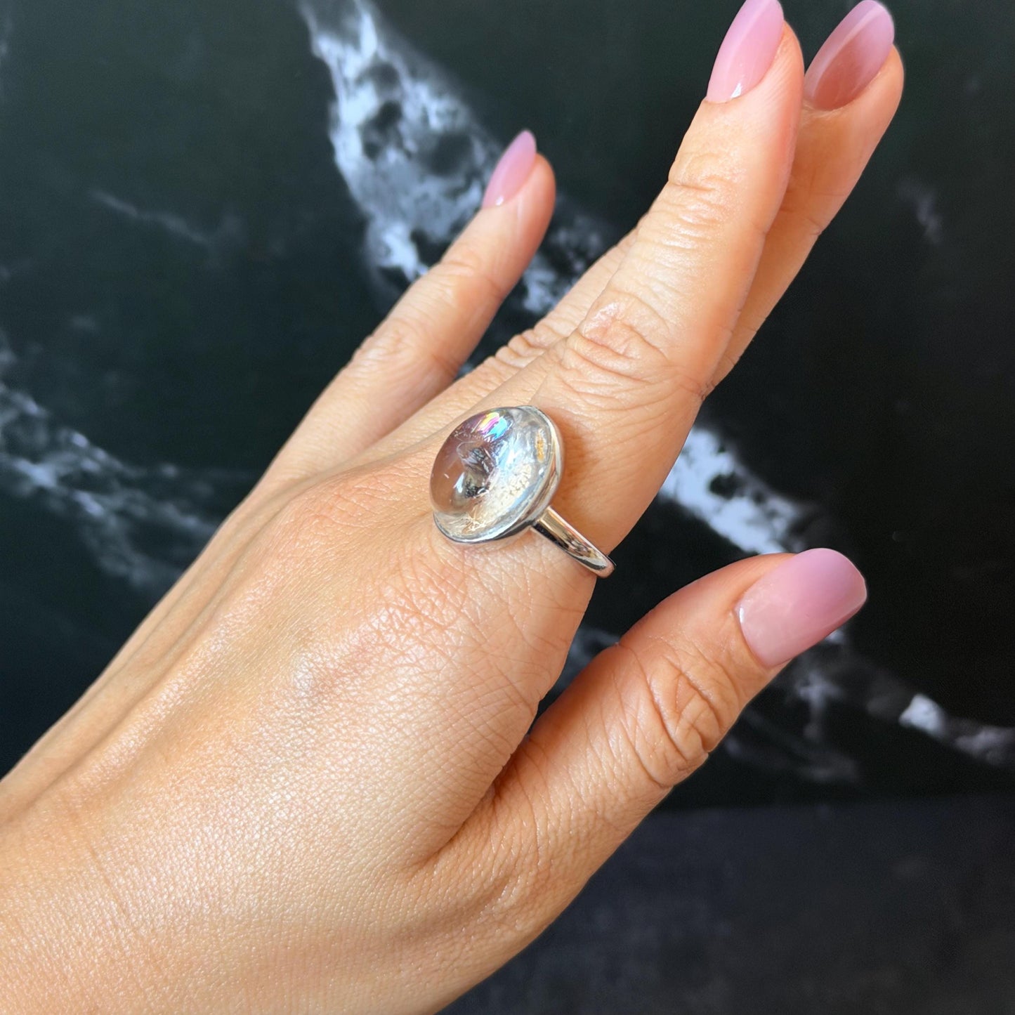 Polished Enhydro Quartz (Herkimer Diamond) S925 Silver Adjustable Ring: Rainbow! Moving Sand and Bubble Inclusion Crystal Statement Ring for Women  ring crystal band ring crystal cocktail ring crystal stackable ring 7 chakra crystal ring meditation crystal healing stone birthstone silver ring ring for men rainbow quartz inclusion quartz inclusion crystal minerals specimen silver ring free size ring adjustable ring holder