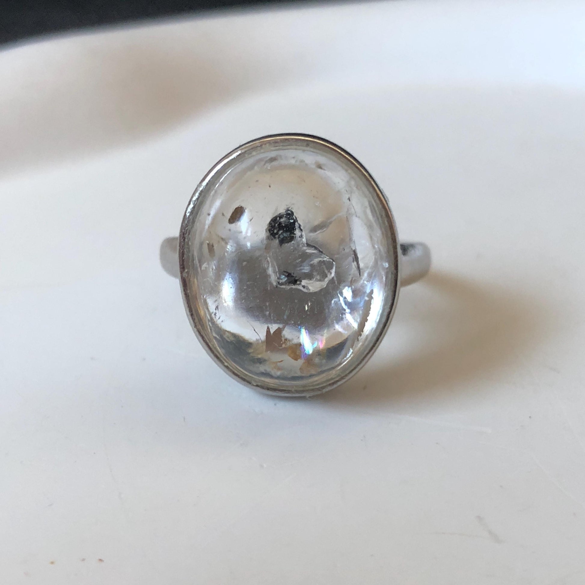 Polished Enhydro Quartz (Herkimer Diamond) S925 Silver Adjustable Ring: Rainbow! Moving Sand and Bubble Inclusion Crystal Statement Ring for Women  ring crystal band ring crystal cocktail ring crystal stackable ring 7 chakra crystal ring meditation crystal healing stone birthstone silver ring ring for men rainbow quartz inclusion quartz inclusion crystal minerals specimen silver ring free size ring adjustable ring holder