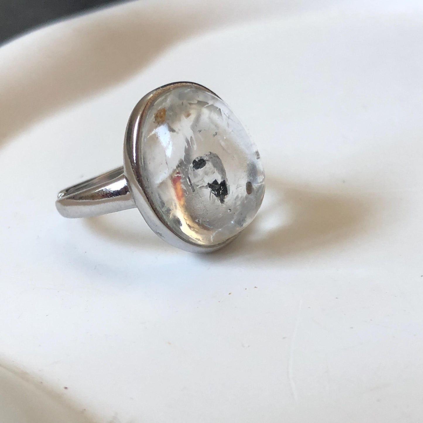 Polished Enhydro Quartz (Herkimer Diamond) S925 Silver Adjustable Ring: Rainbow! Moving Sand and Bubble Inclusion Crystal Statement Ring for Women  ring crystal band ring crystal cocktail ring crystal stackable ring 7 chakra crystal ring meditation crystal healing stone birthstone silver ring ring for men rainbow quartz inclusion quartz inclusion crystal minerals specimen silver ring free size ring adjustable ring holder