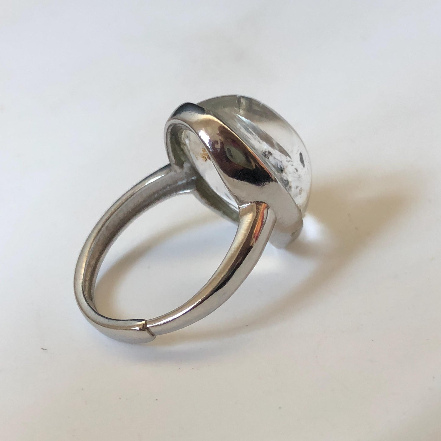 Polished Enhydro Quartz (Herkimer Diamond) S925 Silver Adjustable Ring: Rainbow! Moving Sand and Bubble Inclusion Crystal Statement Ring for Women  ring crystal band ring crystal cocktail ring crystal stackable ring 7 chakra crystal ring meditation crystal healing stone birthstone silver ring ring for men rainbow quartz inclusion quartz inclusion crystal minerals specimen silver ring free size ring adjustable ring holder