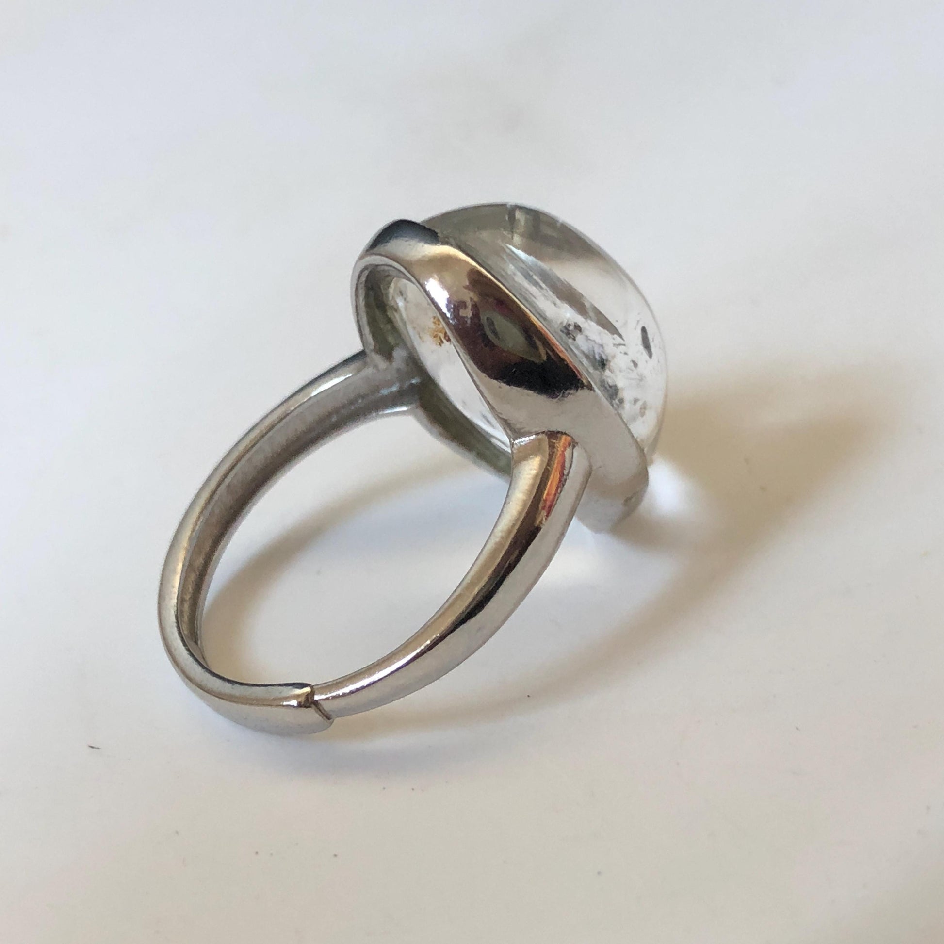 Polished Enhydro Quartz (Herkimer Diamond) S925 Silver Adjustable Ring: Rainbow! Moving Sand and Bubble Inclusion Crystal Statement Ring for Women  ring crystal band ring crystal cocktail ring crystal stackable ring 7 chakra crystal ring meditation crystal healing stone birthstone silver ring ring for men rainbow quartz inclusion quartz inclusion crystal minerals specimen silver ring free size ring adjustable ring holder