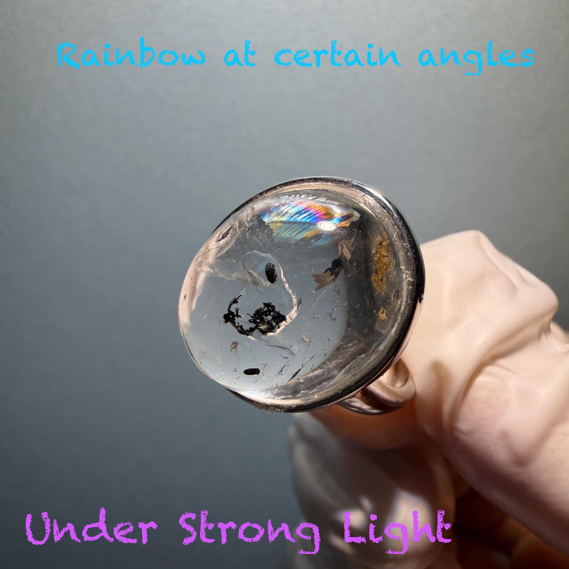 Polished Enhydro Quartz (Herkimer Diamond) S925 Silver Adjustable Ring: Rainbow! Moving Sand and Bubble Inclusion Crystal Statement Ring for Women  ring crystal band ring crystal cocktail ring crystal stackable ring 7 chakra crystal ring meditation crystal healing stone birthstone silver ring ring for men rainbow quartz inclusion quartz inclusion crystal minerals specimen silver ring free size ring adjustable ring holder