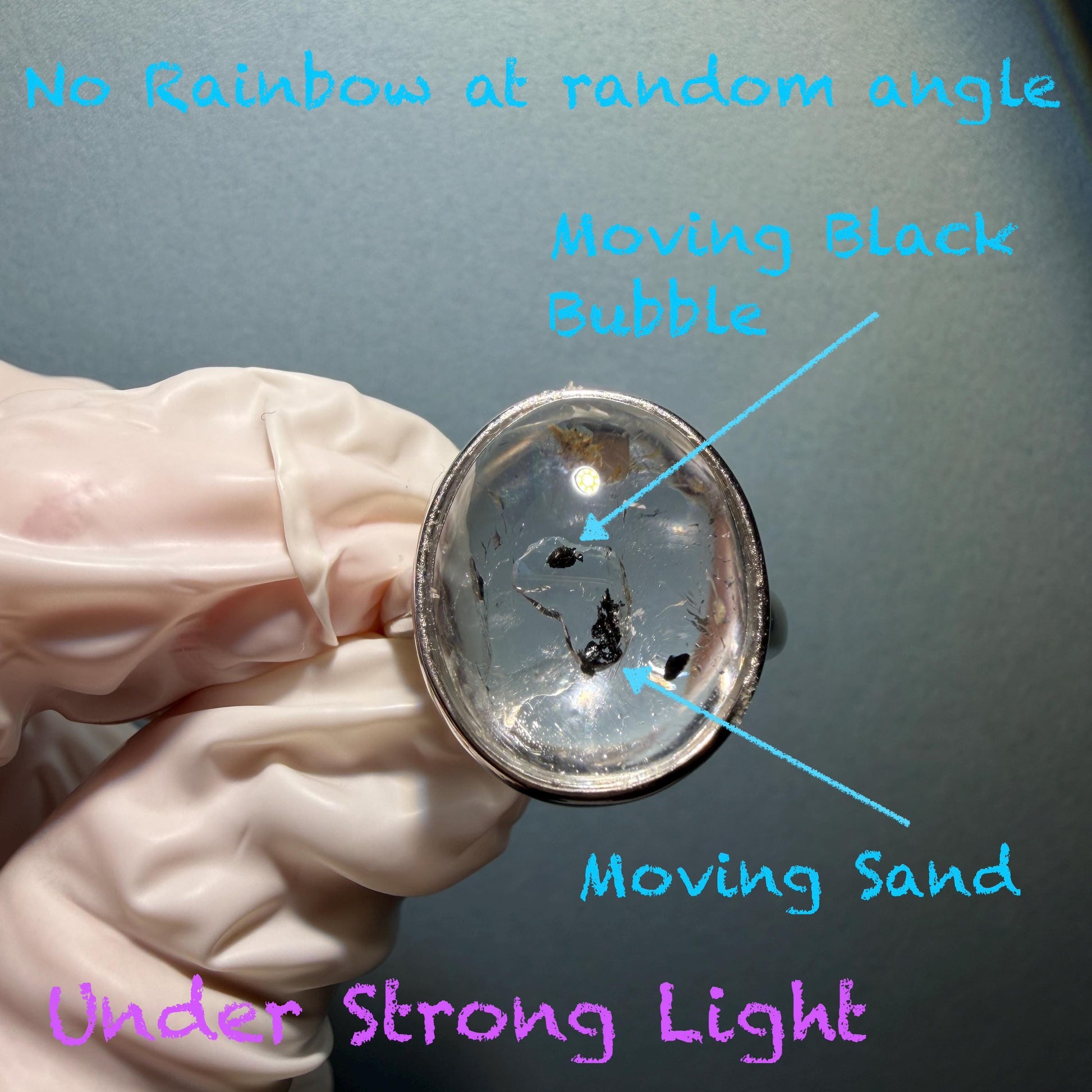 Polished Enhydro Quartz (Herkimer Diamond) S925 Silver Adjustable Ring: Rainbow! Moving Sand and Bubble Inclusion Crystal Statement Ring for Women  ring crystal band ring crystal cocktail ring crystal stackable ring 7 chakra crystal ring meditation crystal healing stone birthstone silver ring ring for men rainbow quartz inclusion quartz inclusion crystal minerals specimen silver ring free size ring adjustable ring holder