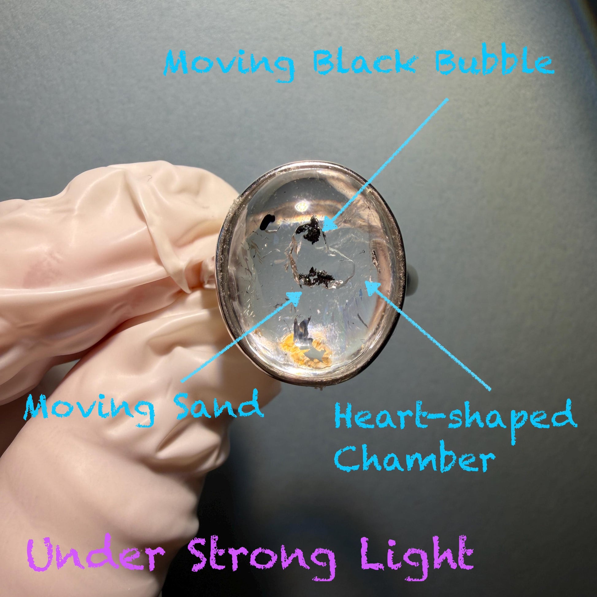 Polished Enhydro Quartz (Herkimer Diamond) S925 Silver Adjustable Ring: Rainbow! Moving Sand and Bubble Inclusion Crystal Statement Ring for Women  ring crystal band ring crystal cocktail ring crystal stackable ring 7 chakra crystal ring meditation crystal healing stone birthstone silver ring ring for men rainbow quartz inclusion quartz inclusion crystal minerals specimen silver ring free size ring adjustable ring holder