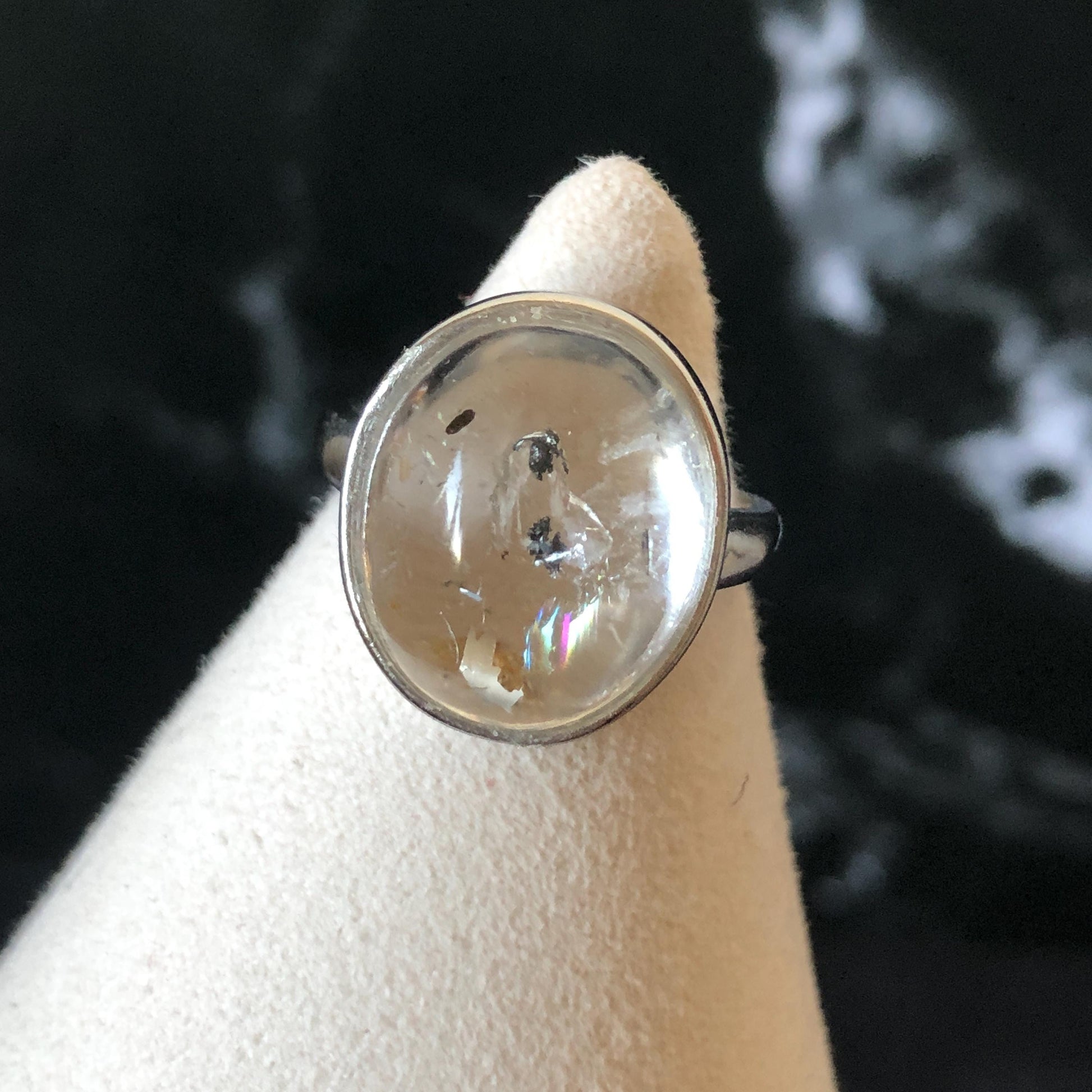 Polished Enhydro Quartz (Herkimer Diamond) S925 Silver Adjustable Ring: Rainbow! Moving Sand and Bubble Inclusion Crystal Statement Ring for Women  ring crystal band ring crystal cocktail ring crystal stackable ring 7 chakra crystal ring meditation crystal healing stone birthstone silver ring ring for men rainbow quartz inclusion quartz inclusion crystal minerals specimen silver ring free size ring adjustable ring holder