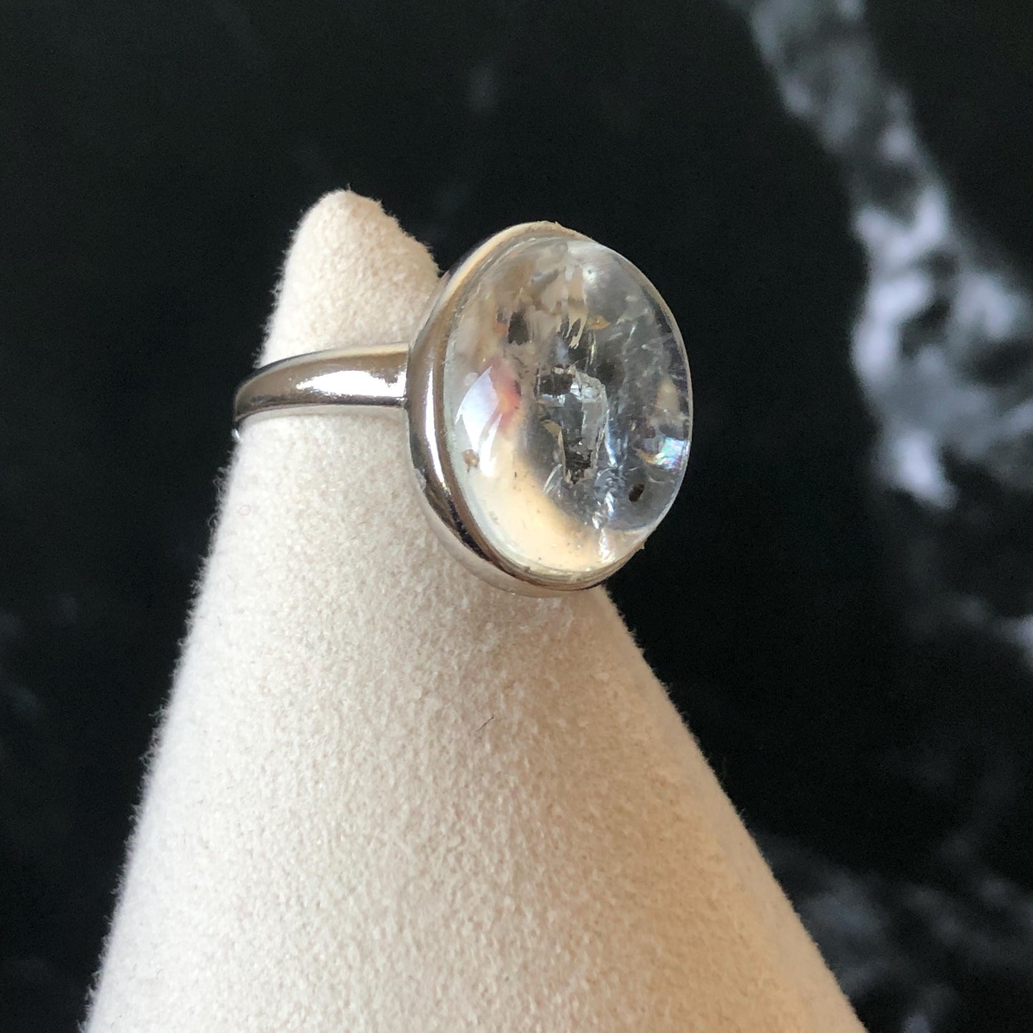 Polished Enhydro Quartz (Herkimer Diamond) S925 Silver Adjustable Ring: Rainbow! Moving Sand and Bubble Inclusion Crystal Statement Ring for Women  ring crystal band ring crystal cocktail ring crystal stackable ring 7 chakra crystal ring meditation crystal healing stone birthstone silver ring ring for men rainbow quartz inclusion quartz inclusion crystal minerals specimen silver ring free size ring adjustable ring holder