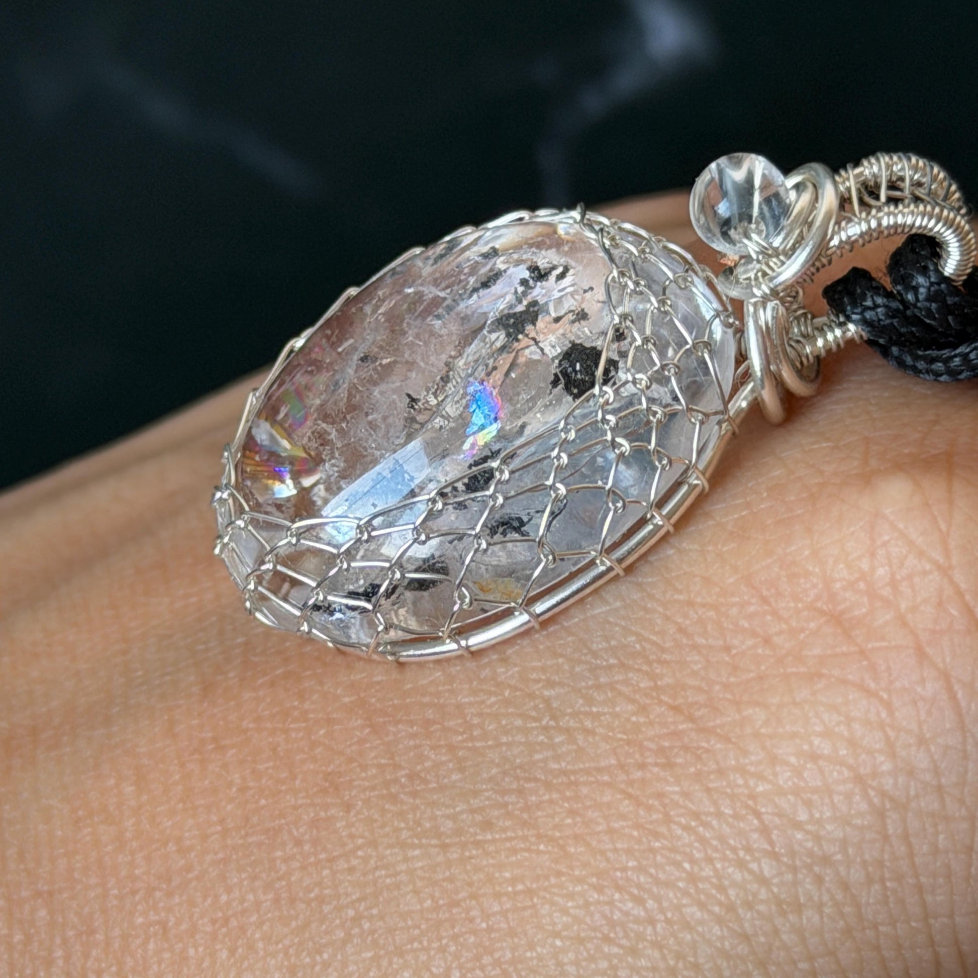 Polished Rainbow Enhydro Quartz (Herkimer Diamond) Wire Wrapped Pendant Adjustable Necklace: Moving Sand & Water Bubble Inclusion Crystal | Natural Gemstone Birthstone Gift for her men necklace chakra crystal purify stone minerals specimen adjustable choker silver pendant inclusion crystal inclusion quartz jewelry rainbow quartz choker necklace enhydro crystal S925 silver pendant