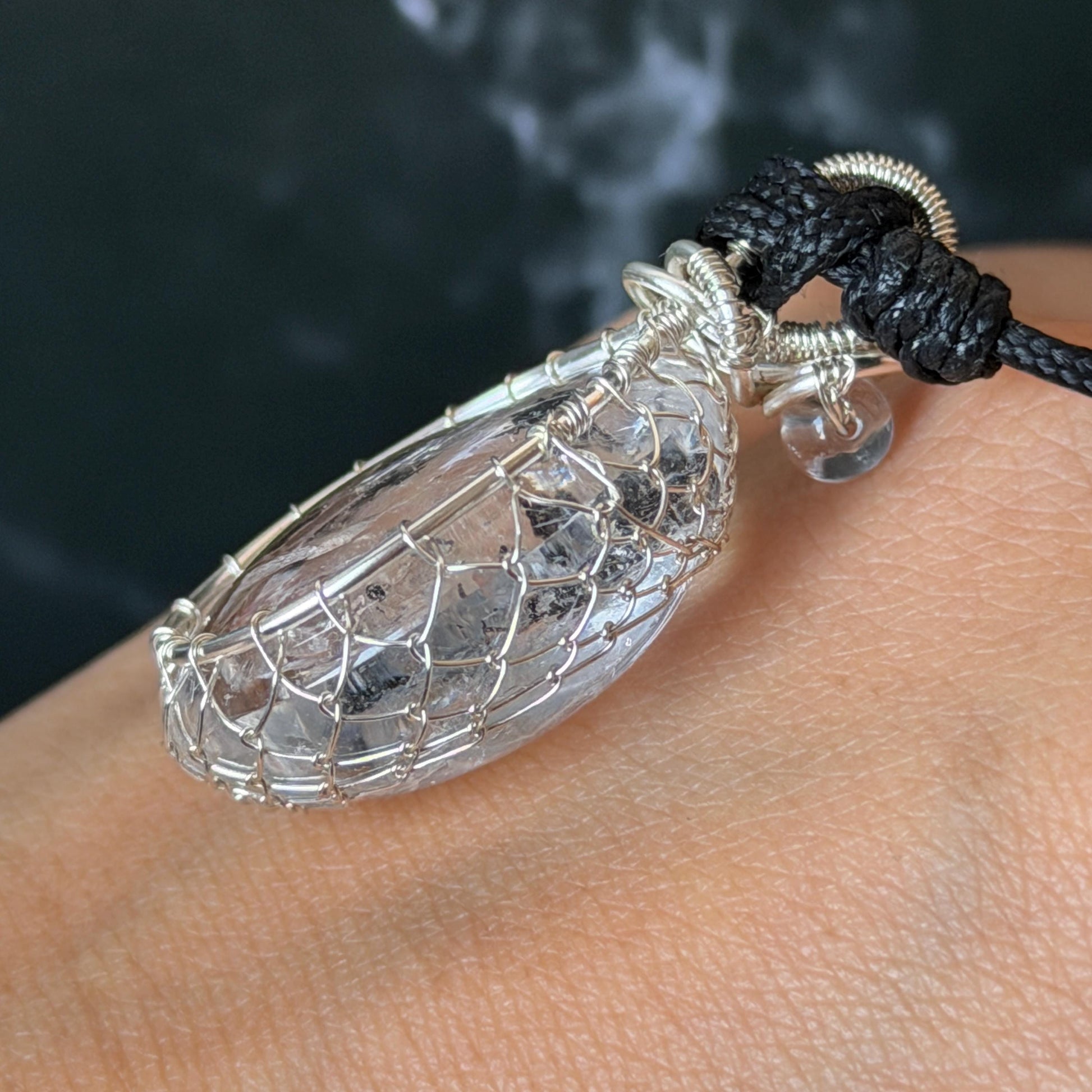 Polished Rainbow Enhydro Quartz (Herkimer Diamond) Wire Wrapped Pendant Adjustable Necklace: Moving Sand & Water Bubble Inclusion Crystal | Natural Gemstone Birthstone Gift for her men necklace chakra crystal purify stone minerals specimen adjustable choker silver pendant inclusion crystal inclusion quartz jewelry rainbow quartz choker necklace enhydro crystal S925 silver pendant