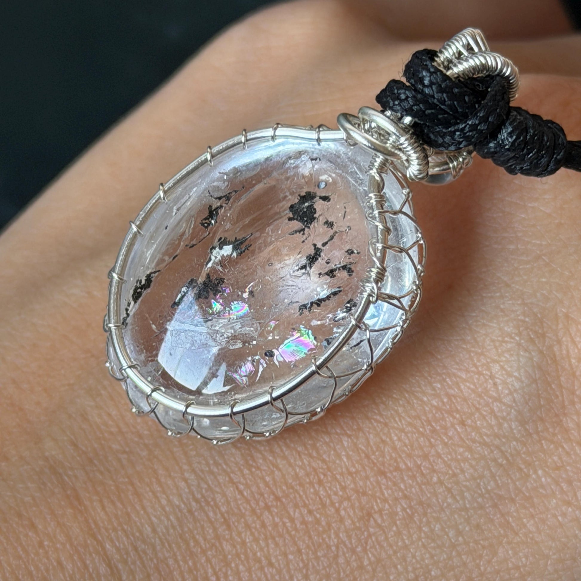 Polished Rainbow Enhydro Quartz (Herkimer Diamond) Wire Wrapped Pendant Adjustable Necklace: Moving Sand & Water Bubble Inclusion Crystal | Natural Gemstone Birthstone Gift for her men necklace chakra crystal purify stone minerals specimen adjustable choker silver pendant inclusion crystal inclusion quartz jewelry rainbow quartz choker necklace enhydro crystal S925 silver pendant