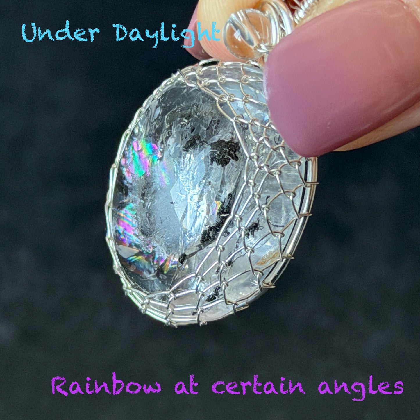 Polished Rainbow Enhydro Quartz (Herkimer Diamond) Wire Wrapped Pendant Adjustable Necklace: Moving Sand & Water Bubble Inclusion Crystal | Natural Gemstone Birthstone Gift for her men necklace chakra crystal purify stone minerals specimen adjustable choker silver pendant inclusion crystal inclusion quartz jewelry rainbow quartz choker necklace enhydro crystal S925 silver pendant